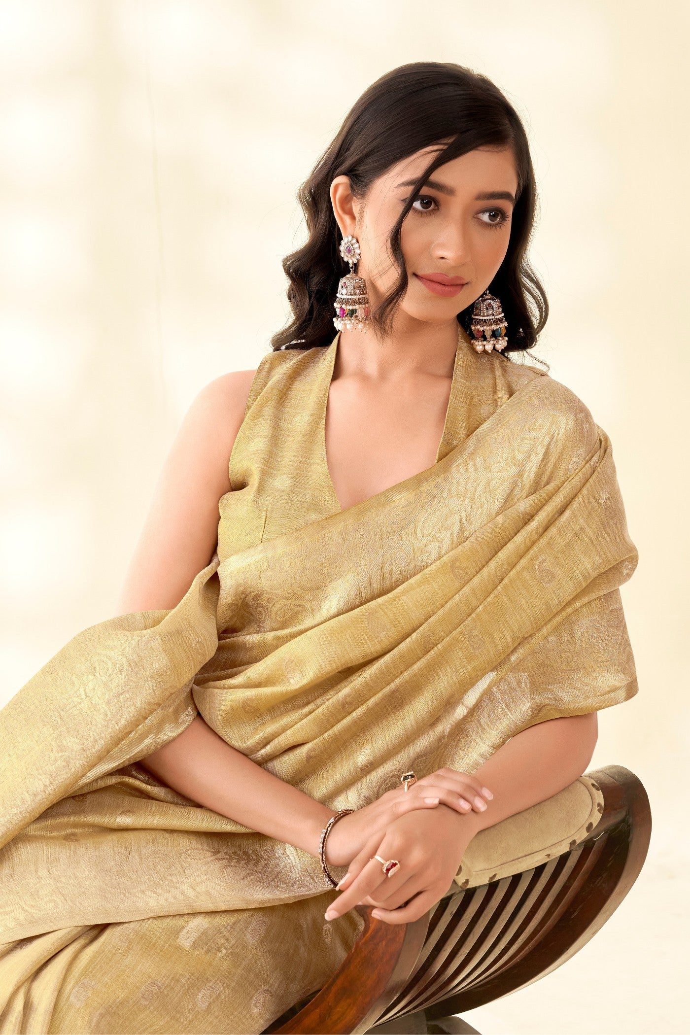 Buy MySilkLove Oyster Cream Woven Tissue Linen Saree Online