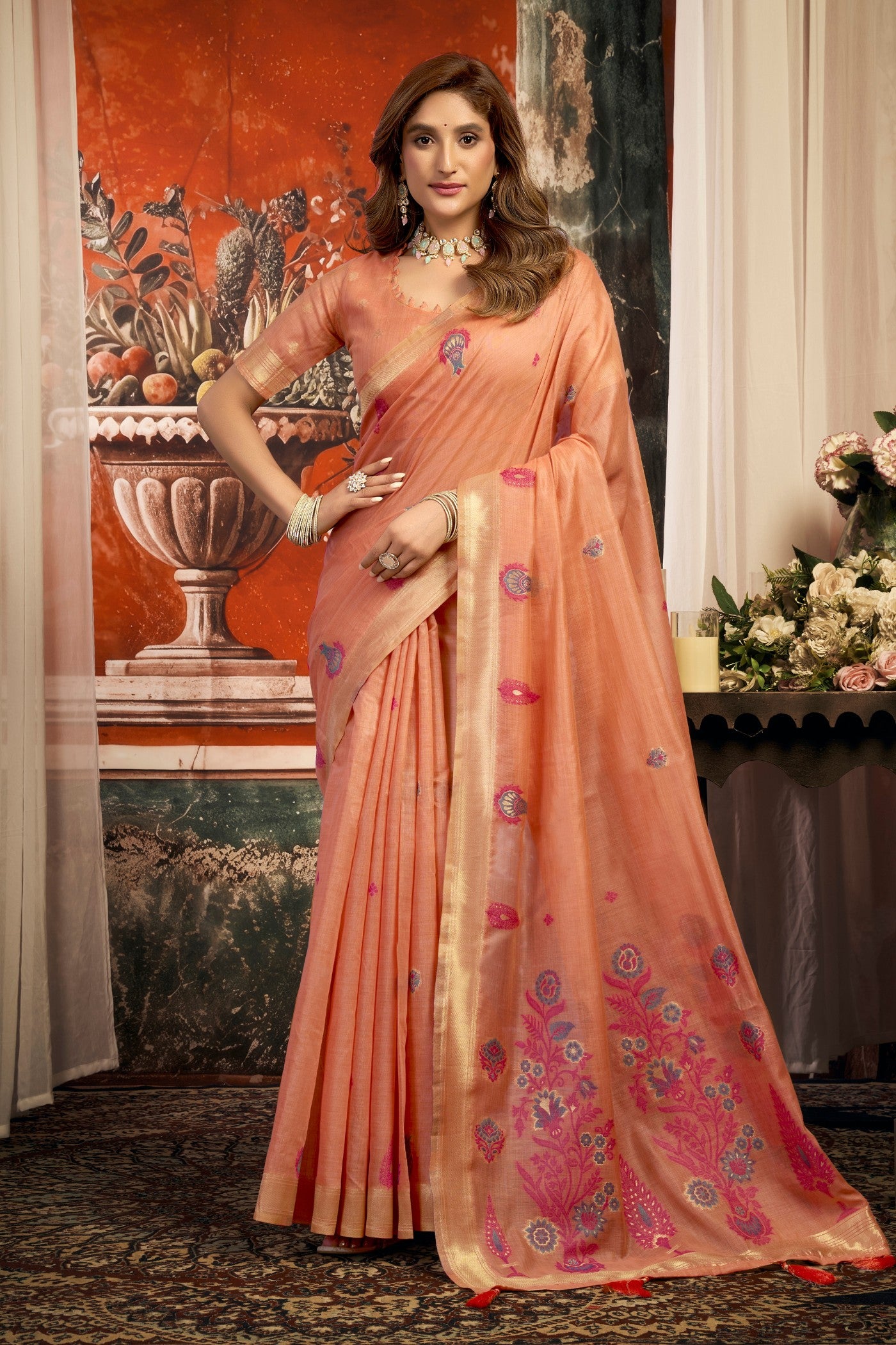 Buy MySilkLove Coral Peach Handloom Cotton Saree Online