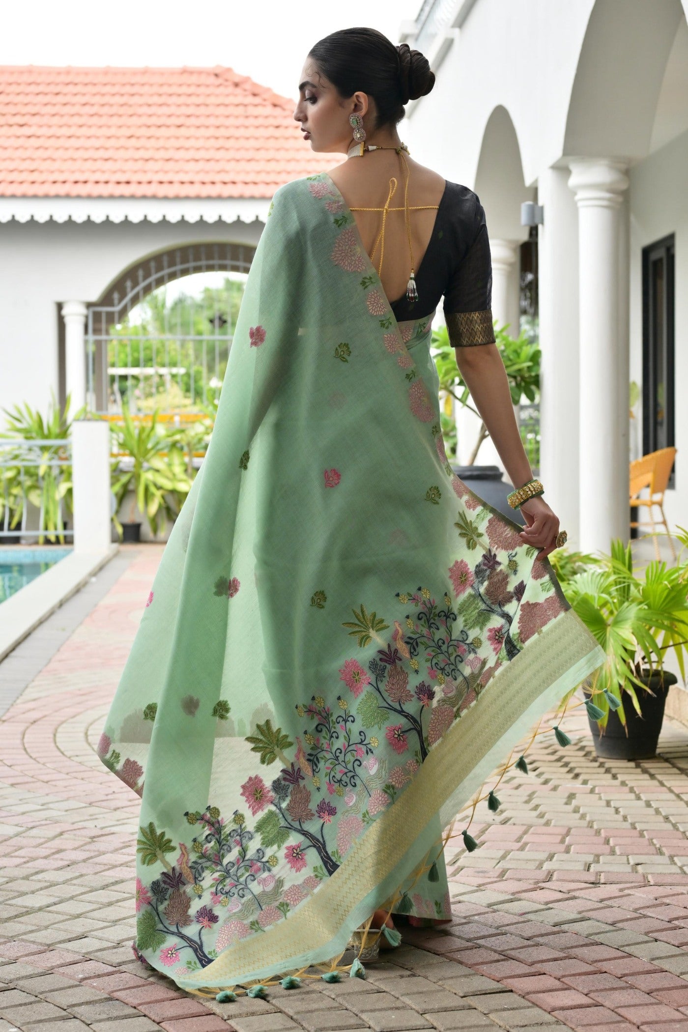 Buy MySilkLove Mentor Green Woven Muga Cotton Saree Online