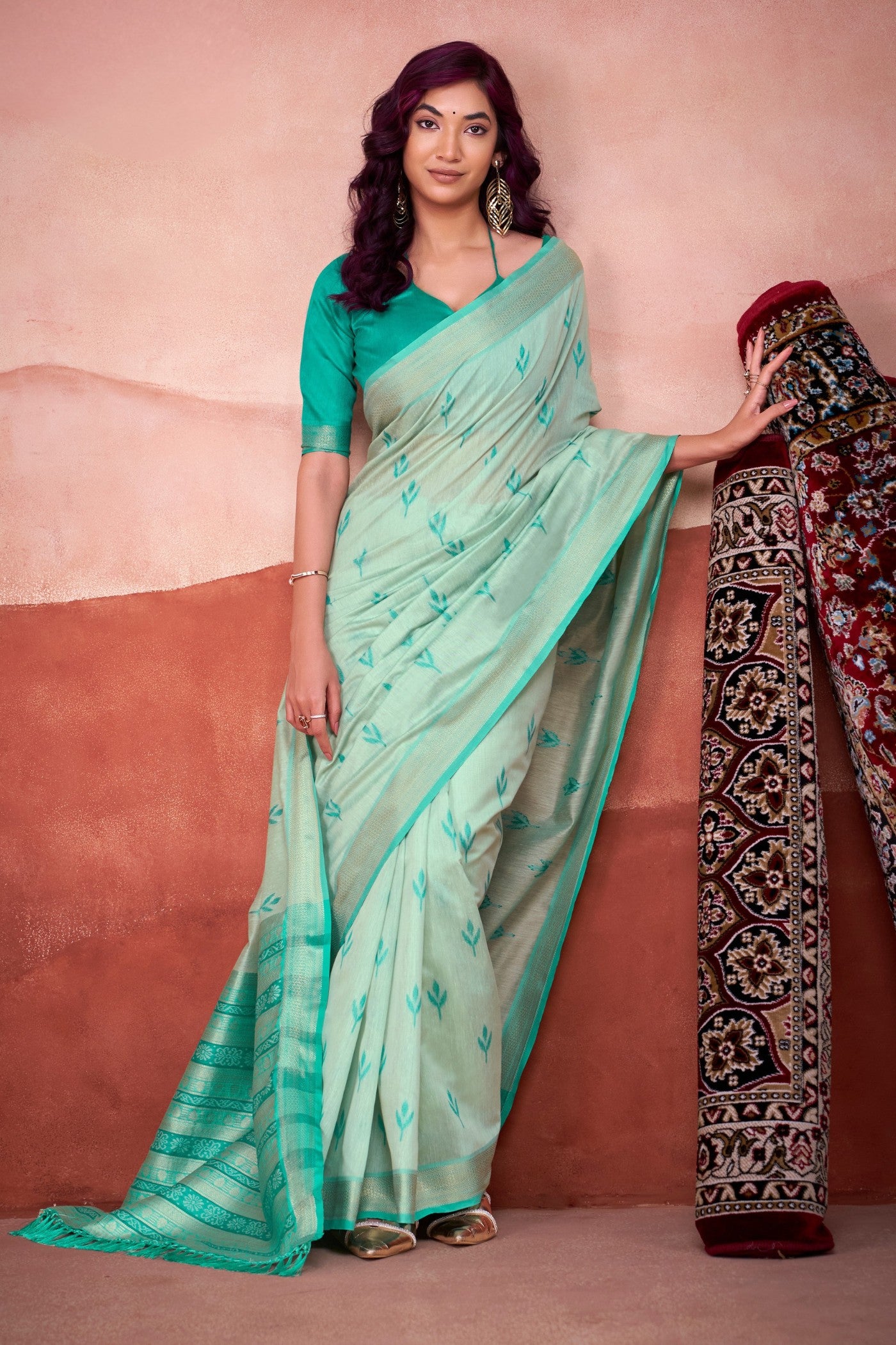 Buy MySilkLove Thyme Green Woven Modal Cotton Saree Online