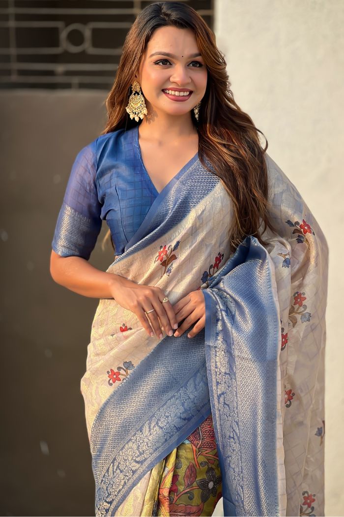 Buy MySilkLove Dust Cream and Blue Woven Cotton Saree Online