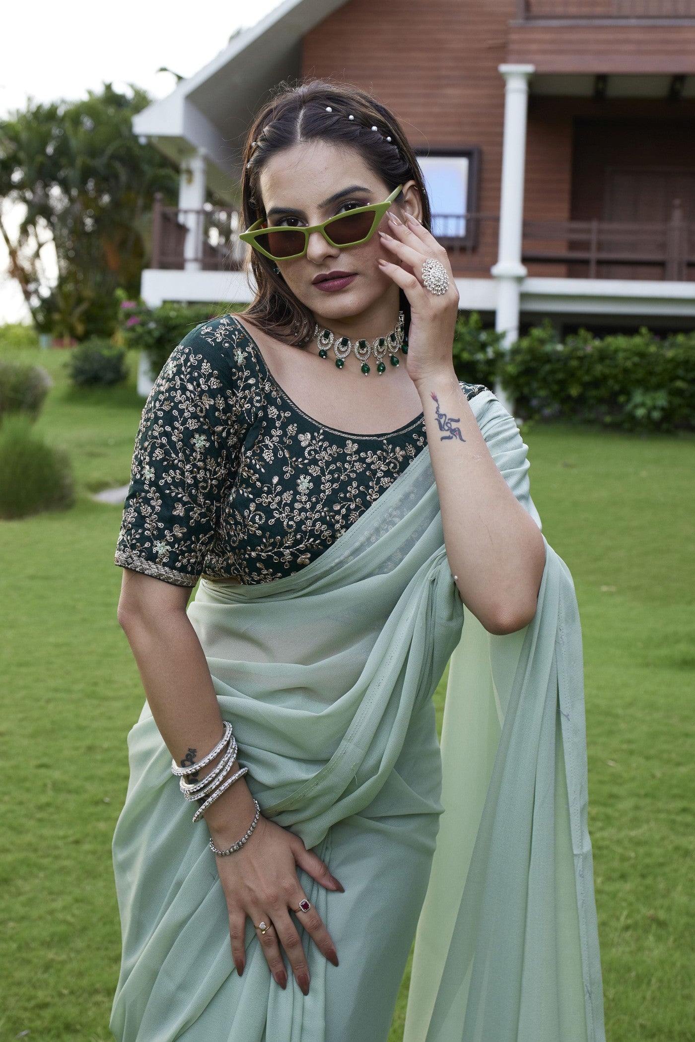 Buy MySilkLove Pista Green Georgette Saree Online