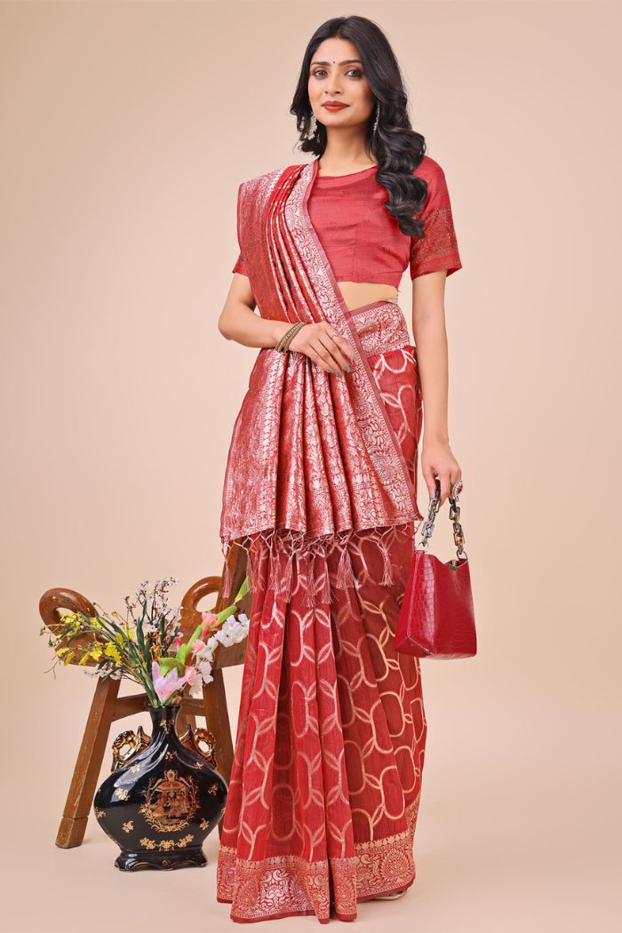 Buy MySilkLove Tropical Peach Linen Cotton Saree Online