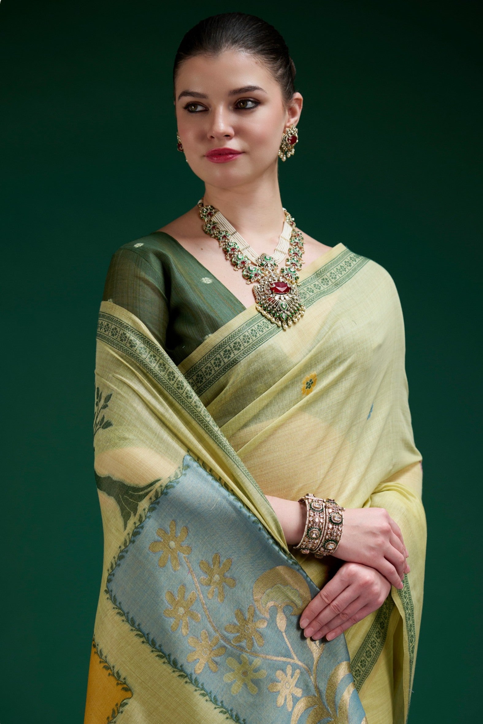 Buy MySilkLove Olive Green Jamdani Woven Muga Cotton Saree Online