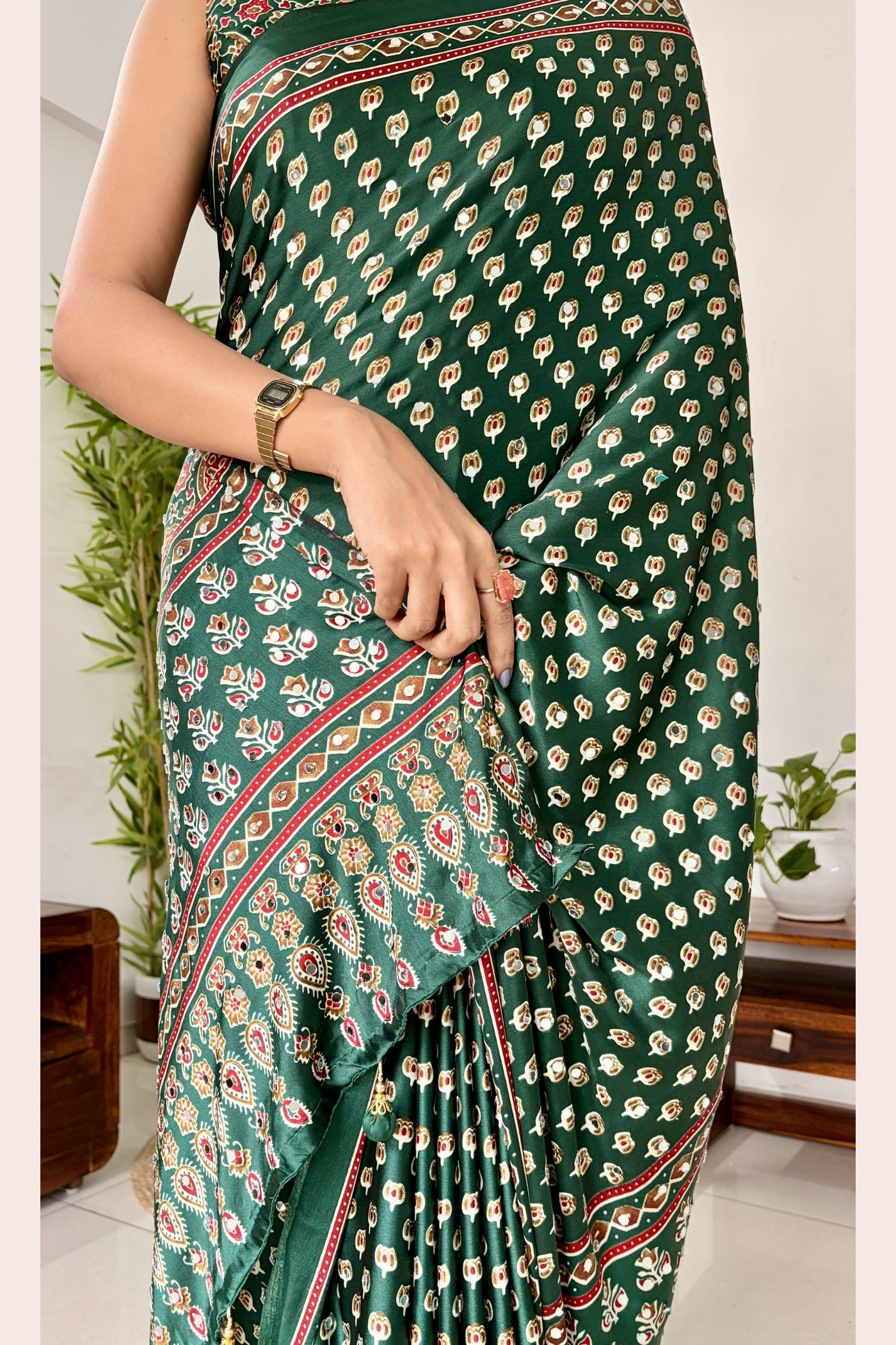 Buy MySilkLove Hunter Green Modal Ajrakh Satin Printed Mirror Work Saree Online