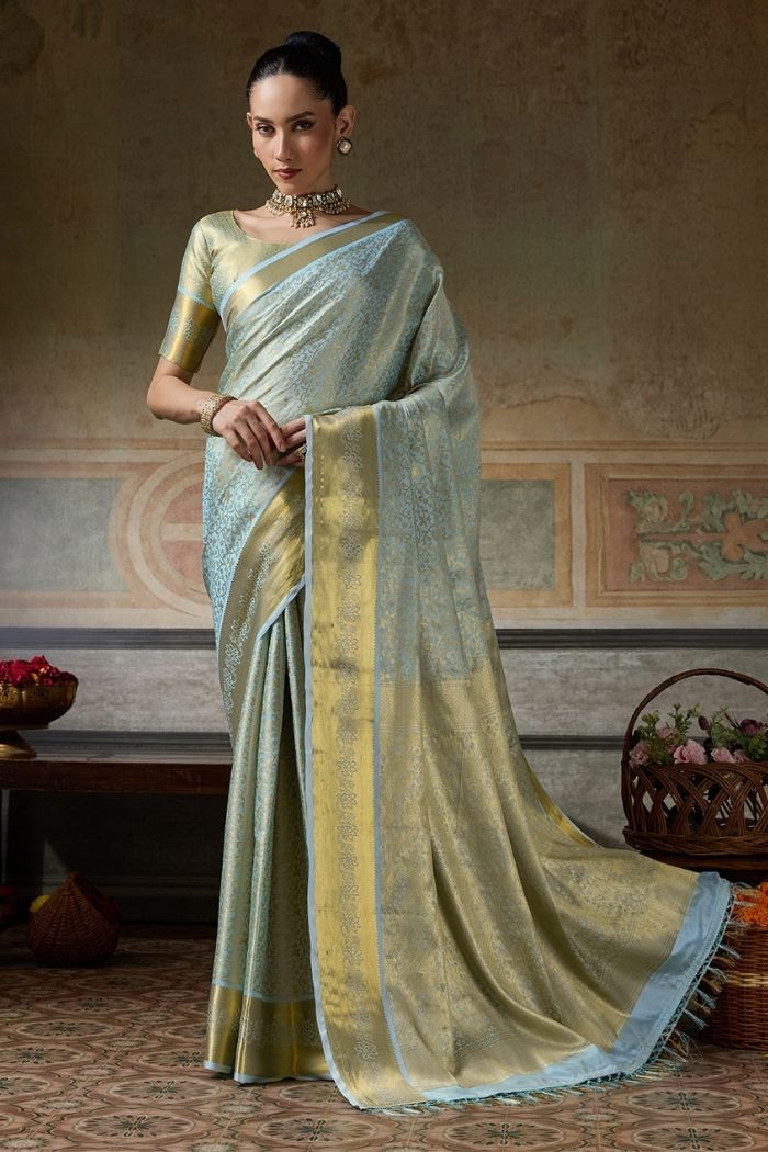 Buy MySilkLove Dusty Blue Woven Kanjivaram Saree Online