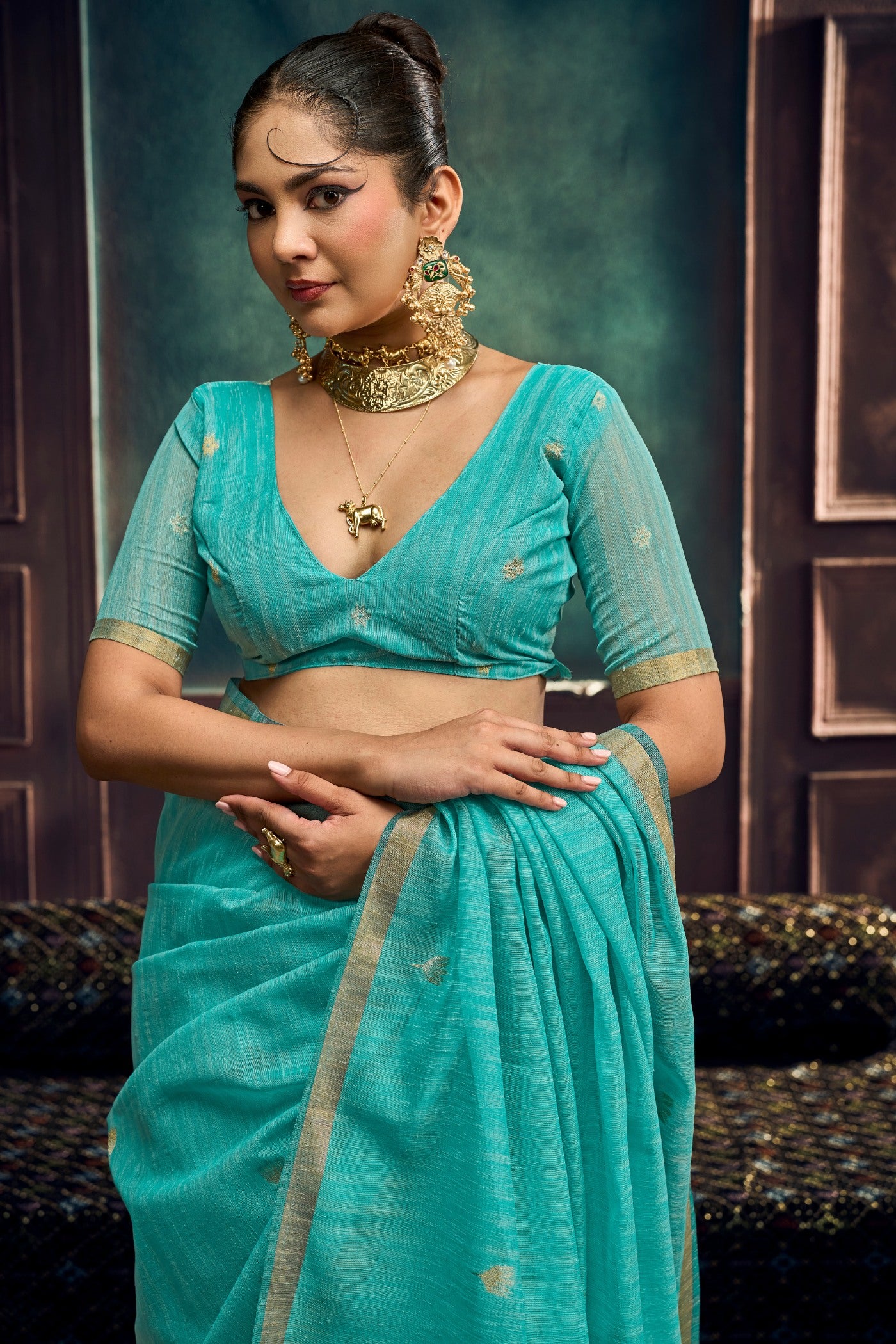 Buy MySilkLove Aqua Blue Munga Handloom Cotton Saree Online