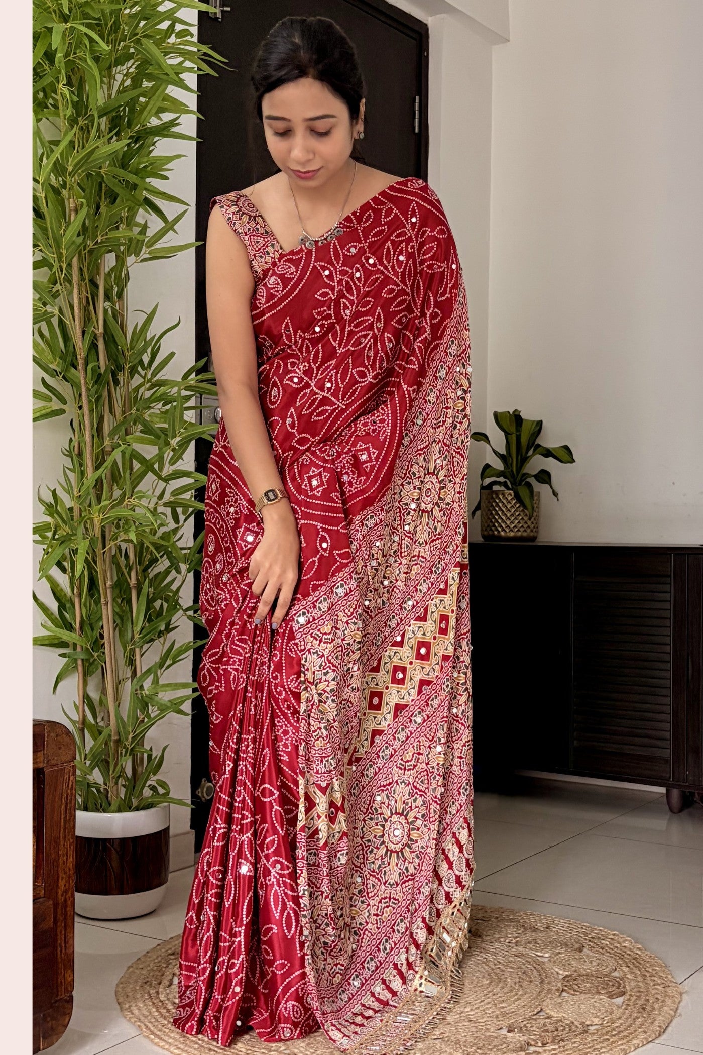 Buy MySilkLove Bittersweet Red Modal Ajrakh Satin Printed Mirror Work Saree Online