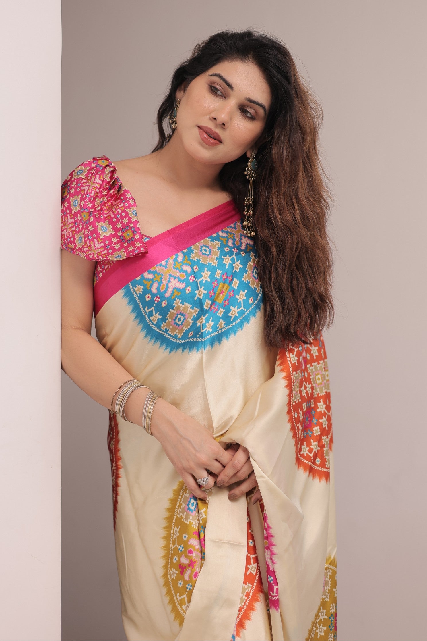 Buy MySilkLove Vanilla Cream and Pink Modal Ajrakh Printed Silk Saree Online