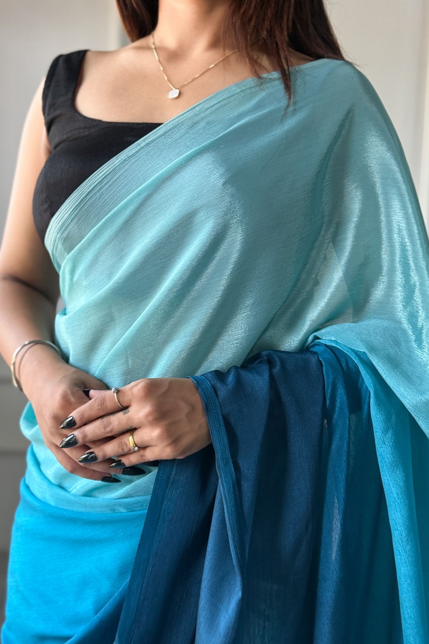 Buy MySilkLove Bismark Blue Chinon Ready To Wear Saree Online