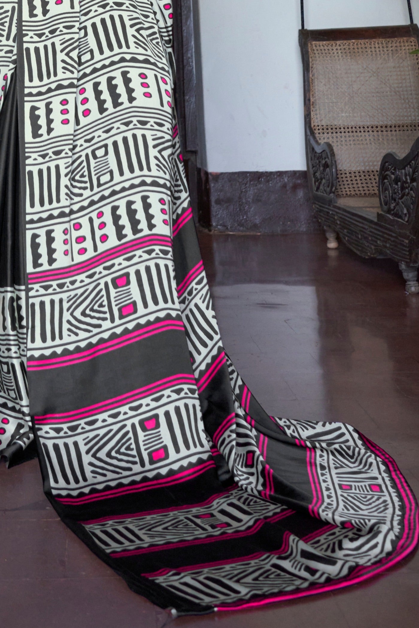 Buy MySilkLove Gunmetal Black and White Printed Satin Crepe Silk Saree Online