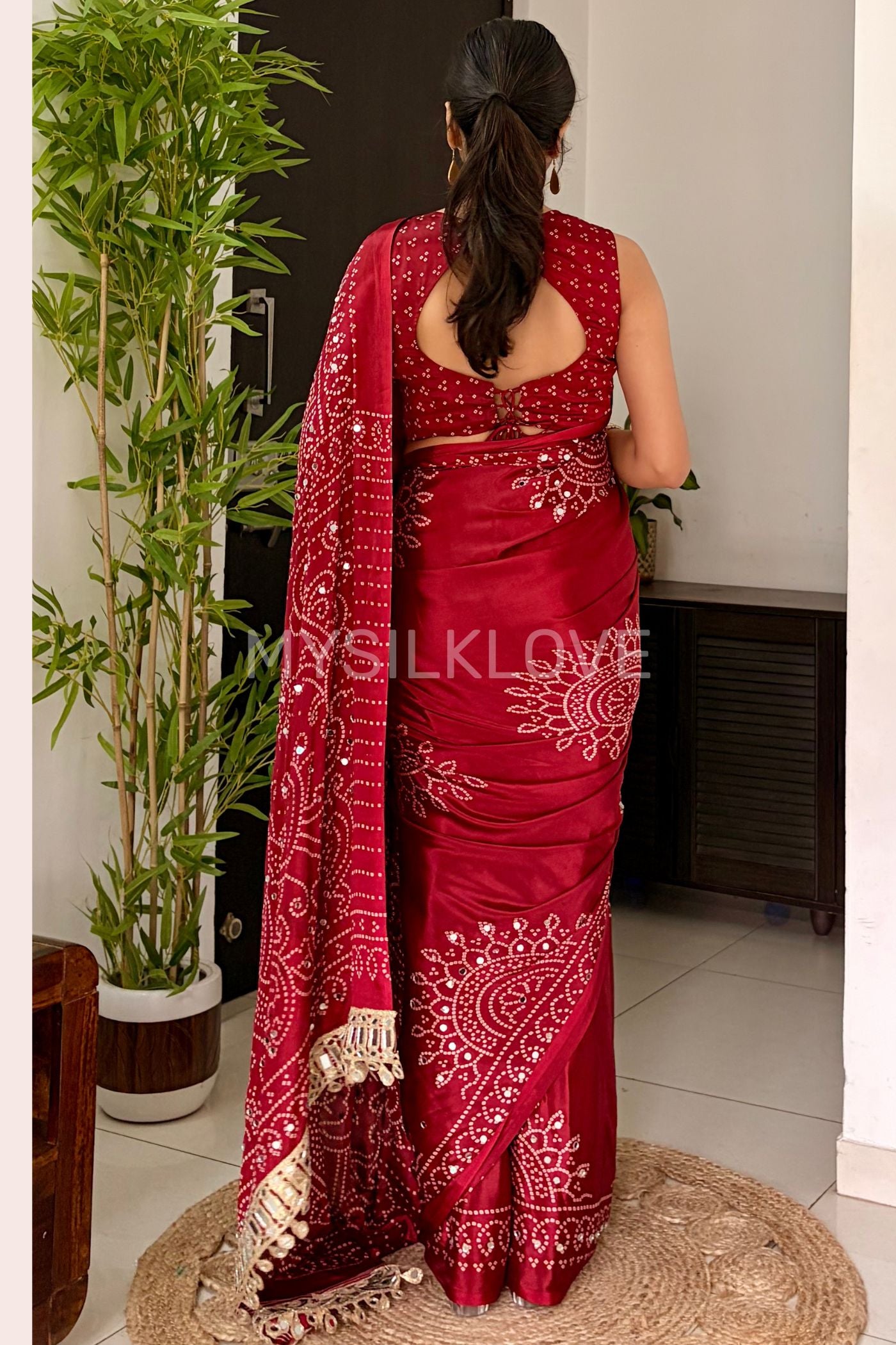 Buy MySilkLove Coral Red Bandhani Gaji Satin Mirror Work Silk Crepe Saree Online