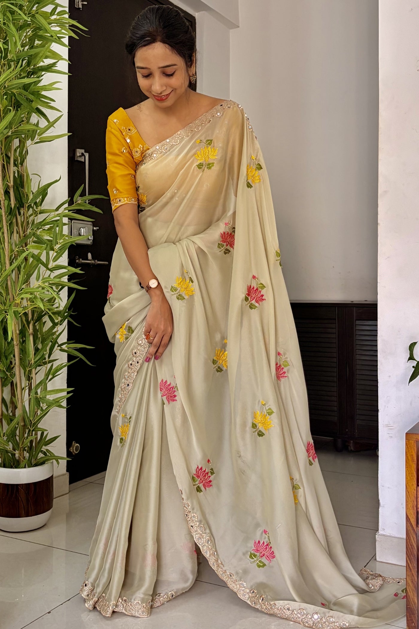 Buy MySilkLove Dutch Cream and Yellow Embroidery Chiffon Floral Saree Online