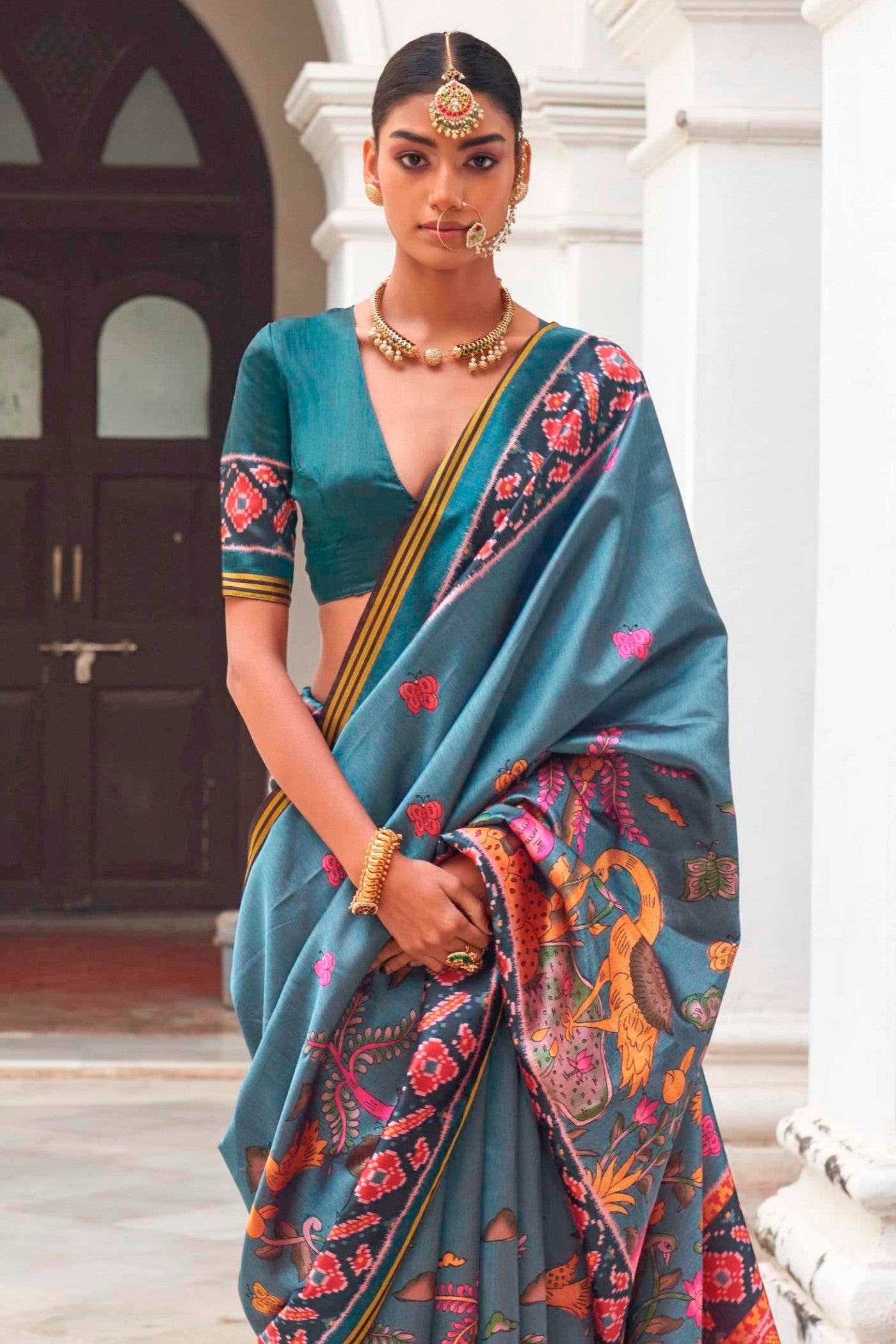 Buy MySilkLove Stratton Blue Printed Patola Saree Online