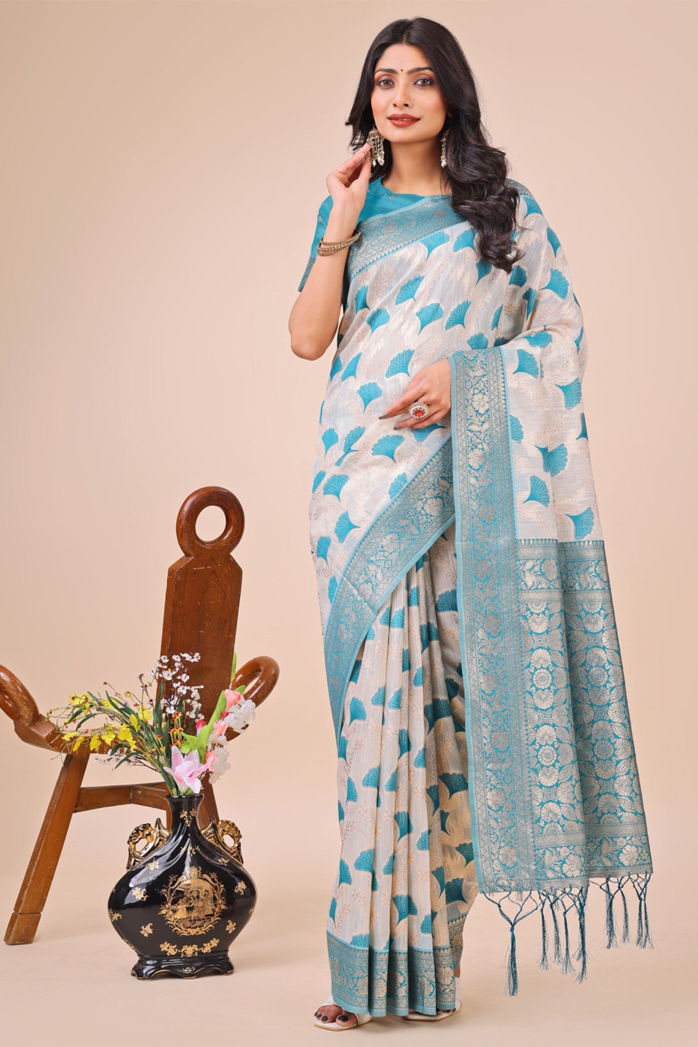 Buy MySilkLove Rice White and Blue Linen Cotton Saree Online