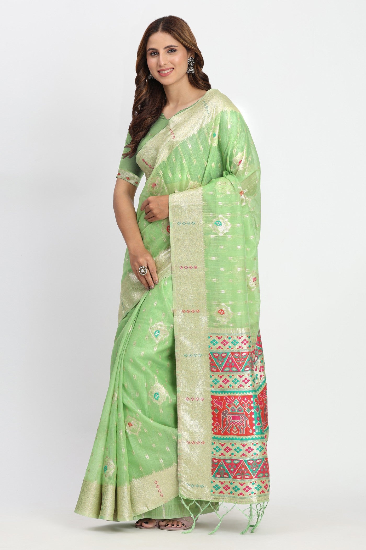 Buy MySilkLove Tree Green Woven Linen Cotton Saree Online