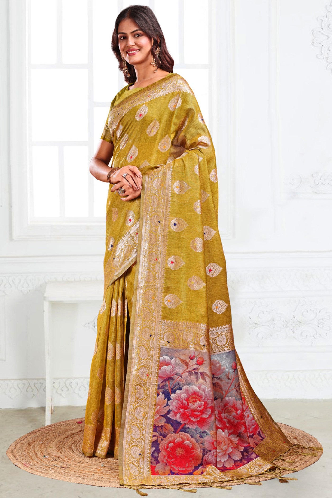 Buy MySilkLove Mhendi Green Woven Linen Cotton Saree Online