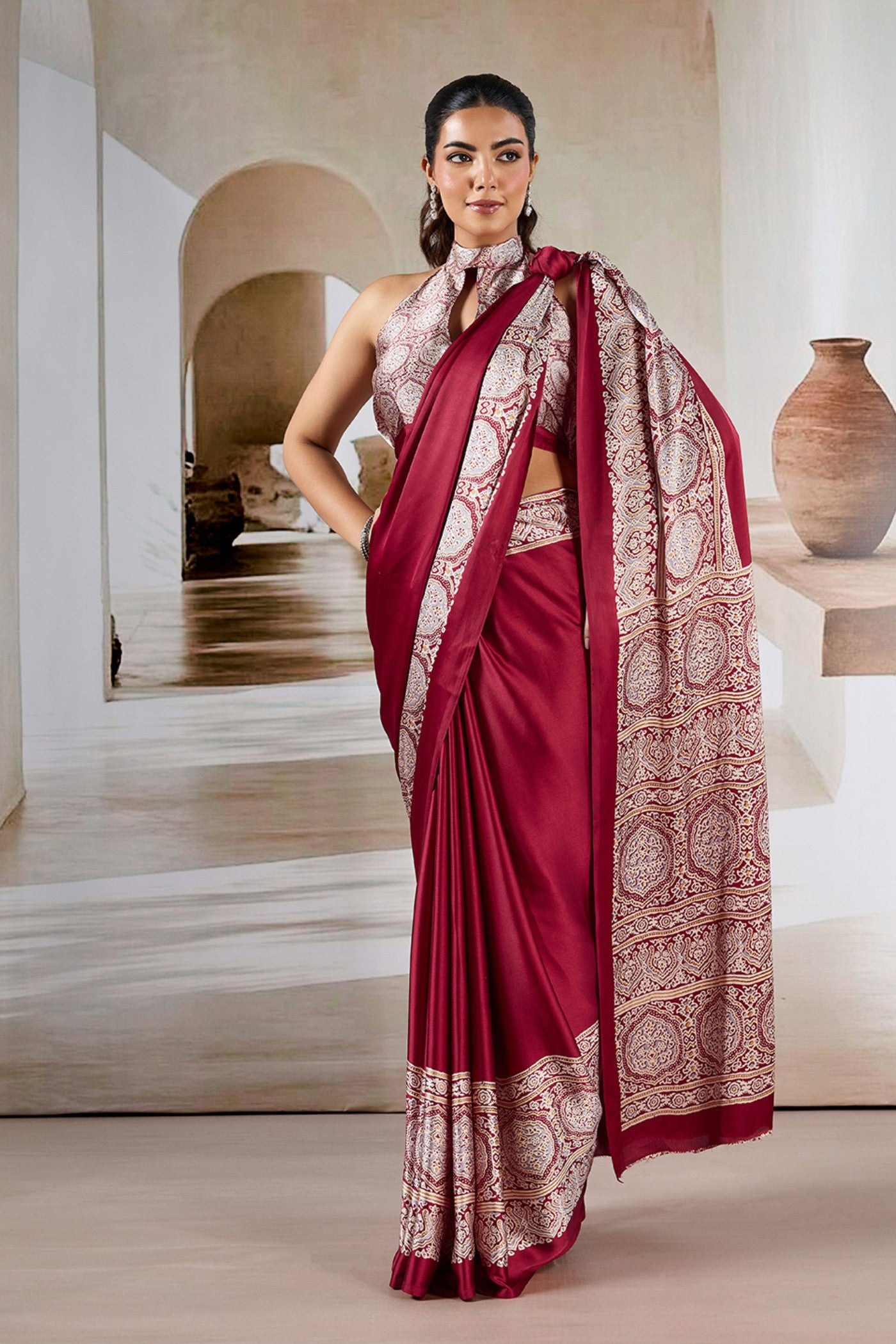 Buy MySilkLove Deep Cherry Maroon Ajrakh Printed Satin Crepe Silk Saree Online