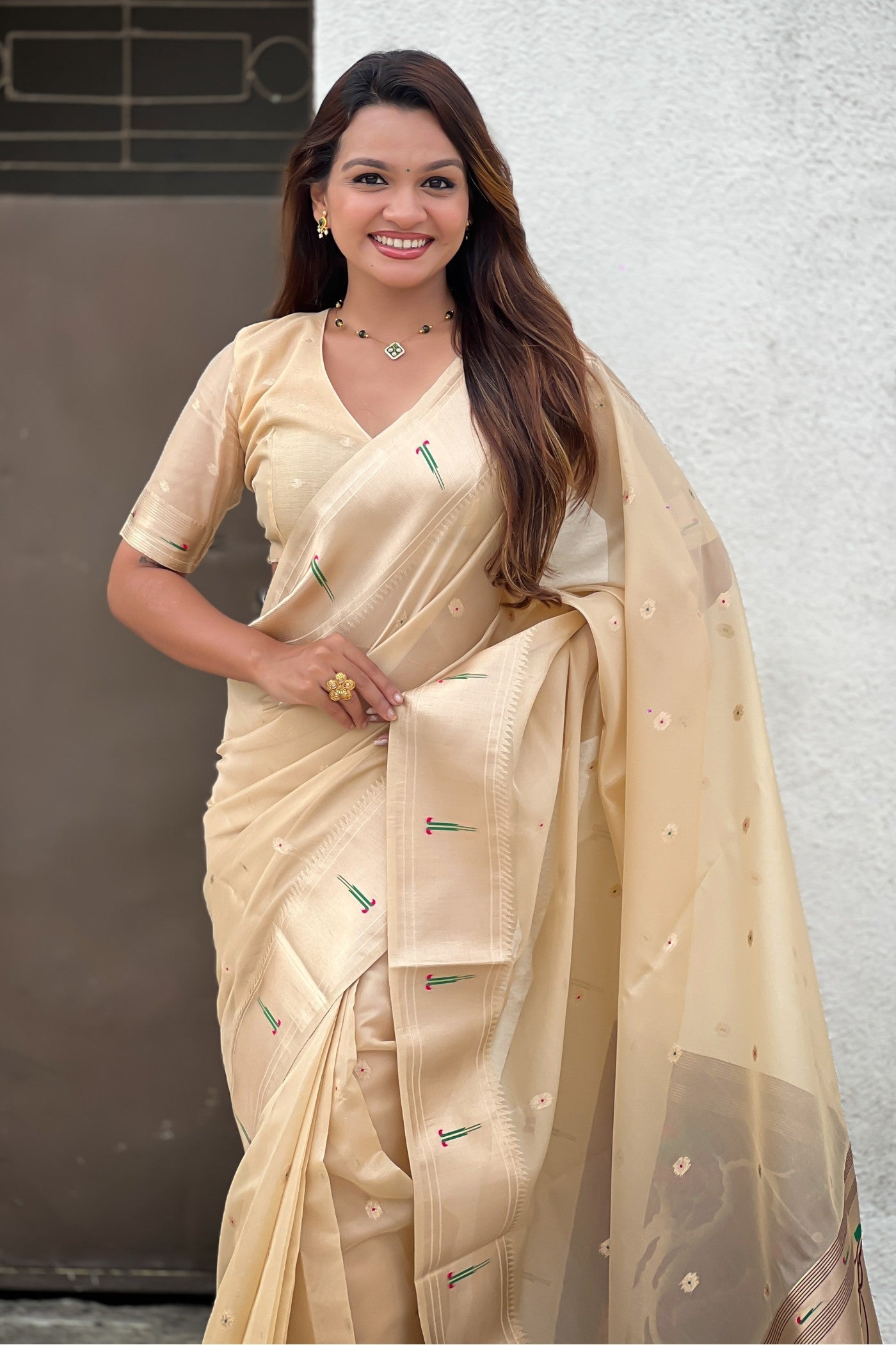 Buy MySilkLove Milk White Organza Woven Paithani Saree Online