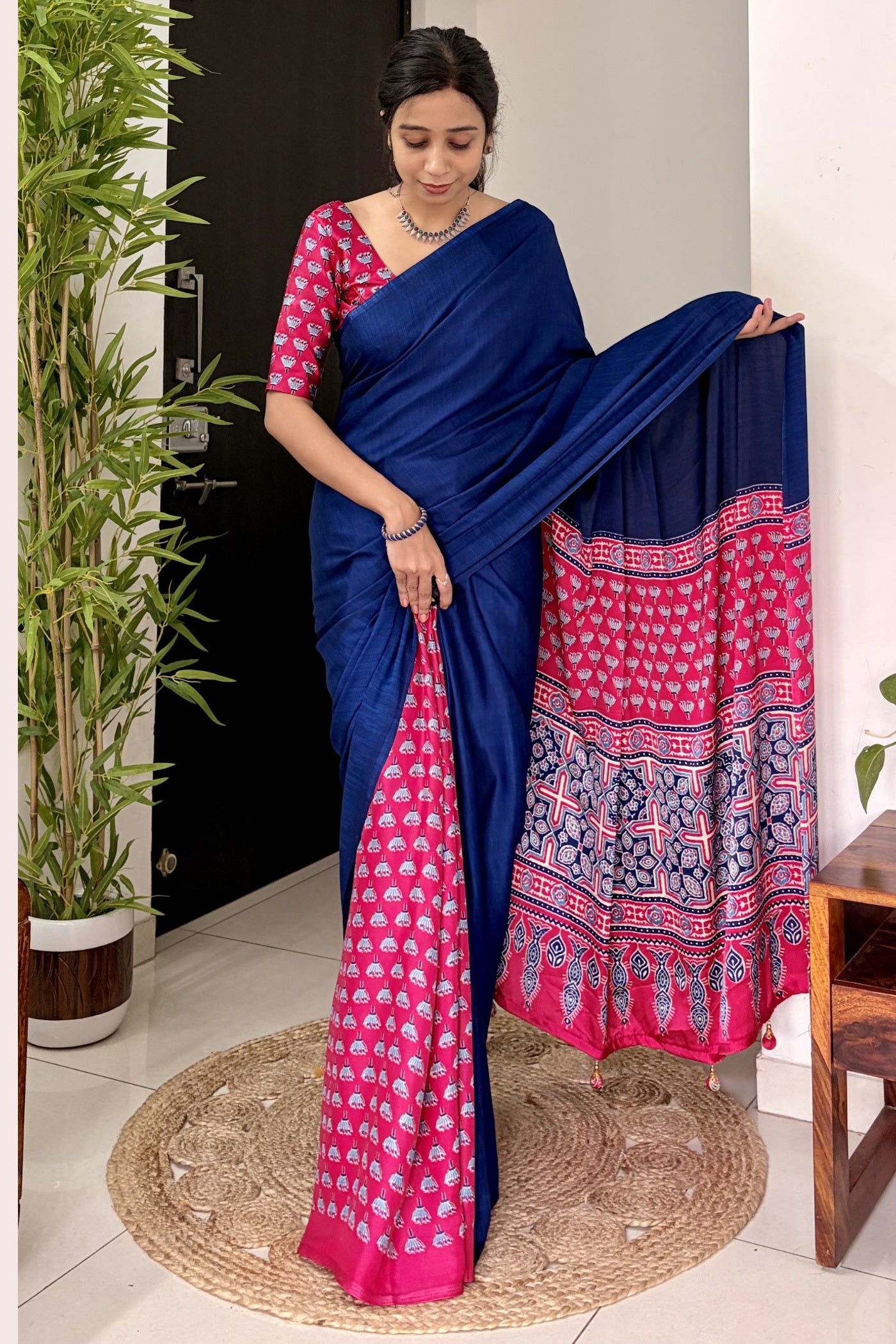 Buy MySilkLove Starlit Blue and Pink Ajrakh Printed Satin Crepe Silk Saree Online
