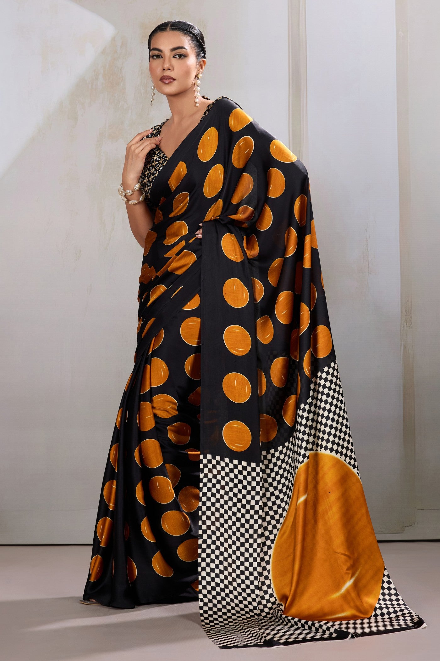 Buy MySilkLove Apricot Orange and Black Printed Polka Dots Satin Crepe Saree Online