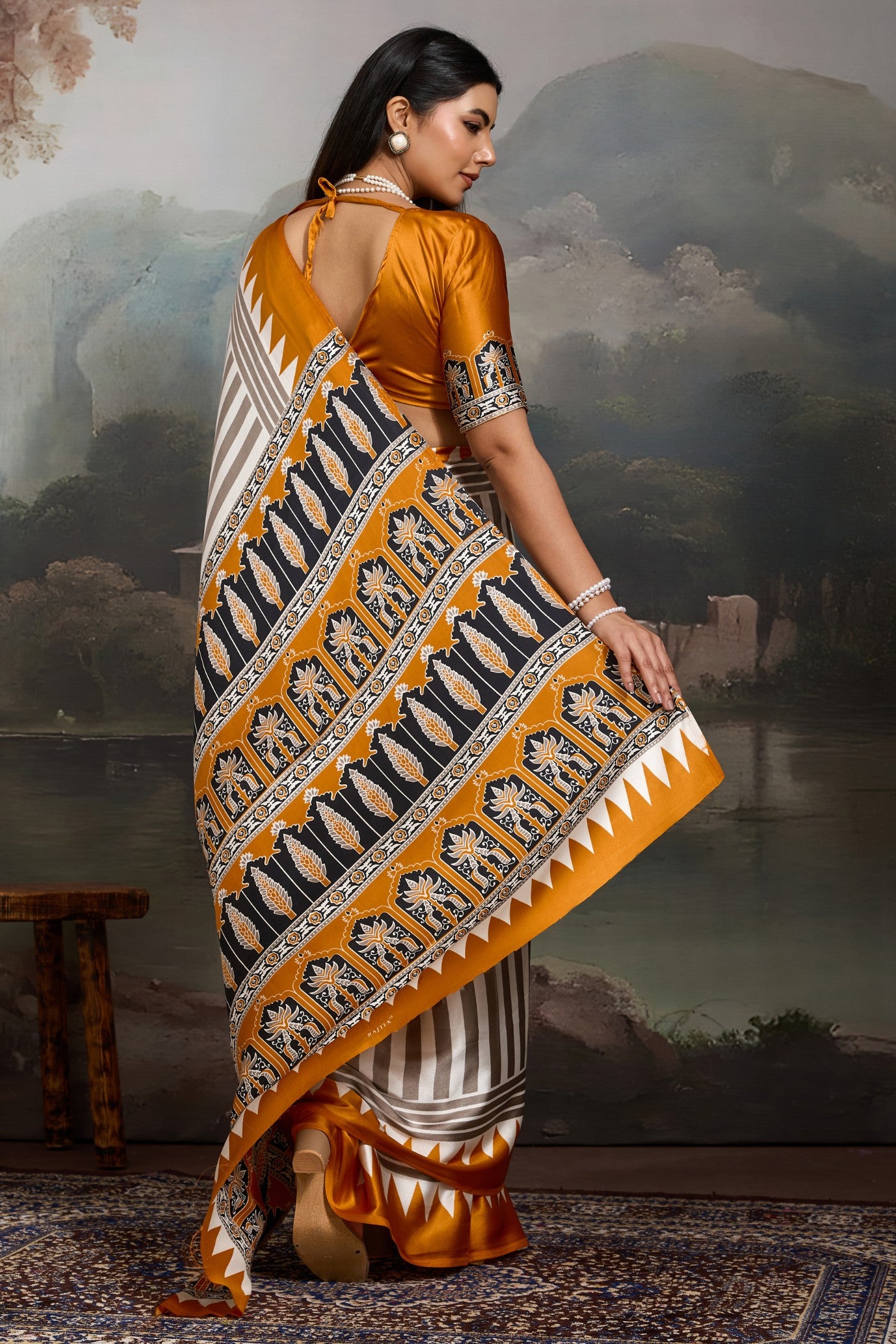 Buy MySilkLove Bone White and Yellow Ajrakh Printed Satin Crepe Silk Saree Online