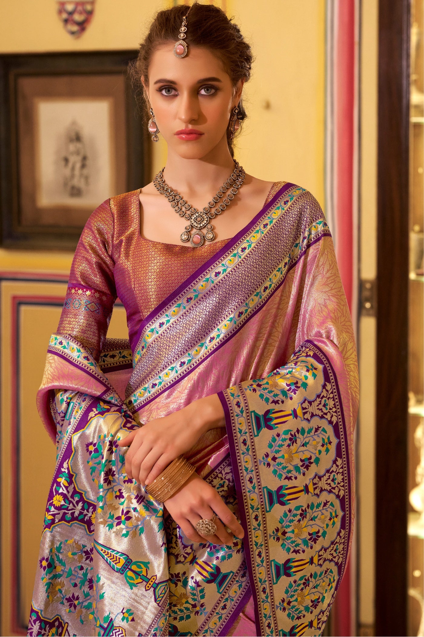 Buy MySilkLove New York Pink Woven Tissue Silk Saree Online