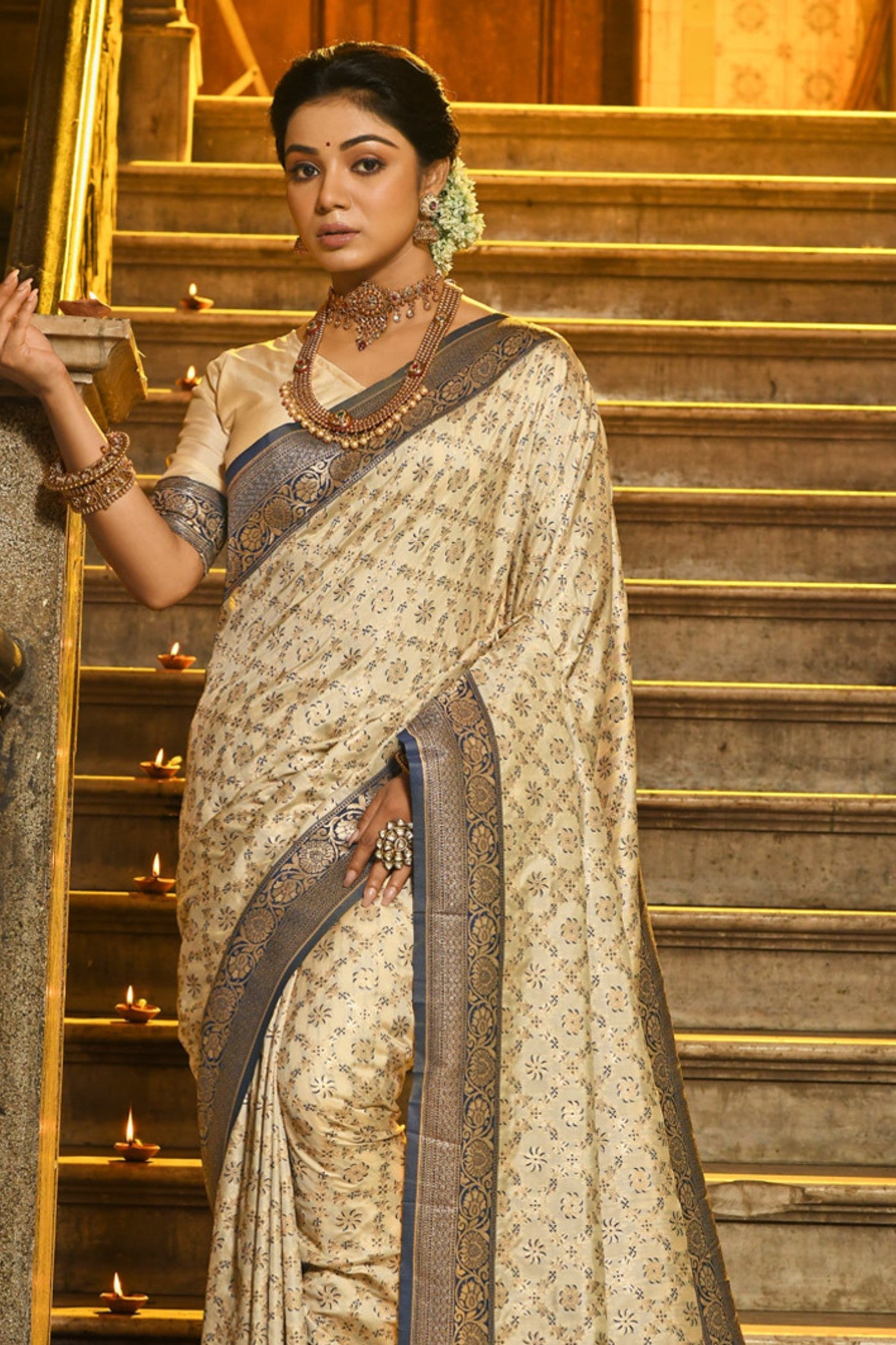 Buy MySilkLove Parchment Cream Woven Banarasi Saree Online
