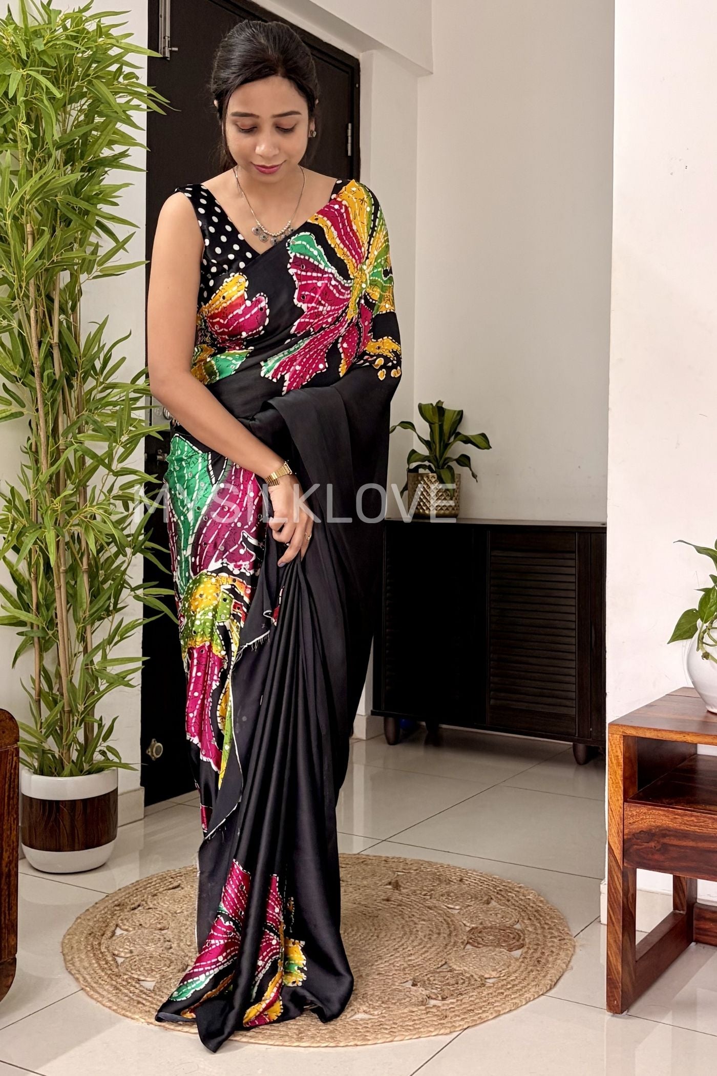 Buy MySilkLove Midnight Black Bloom Floral Partywear Satin Silk Saree Online