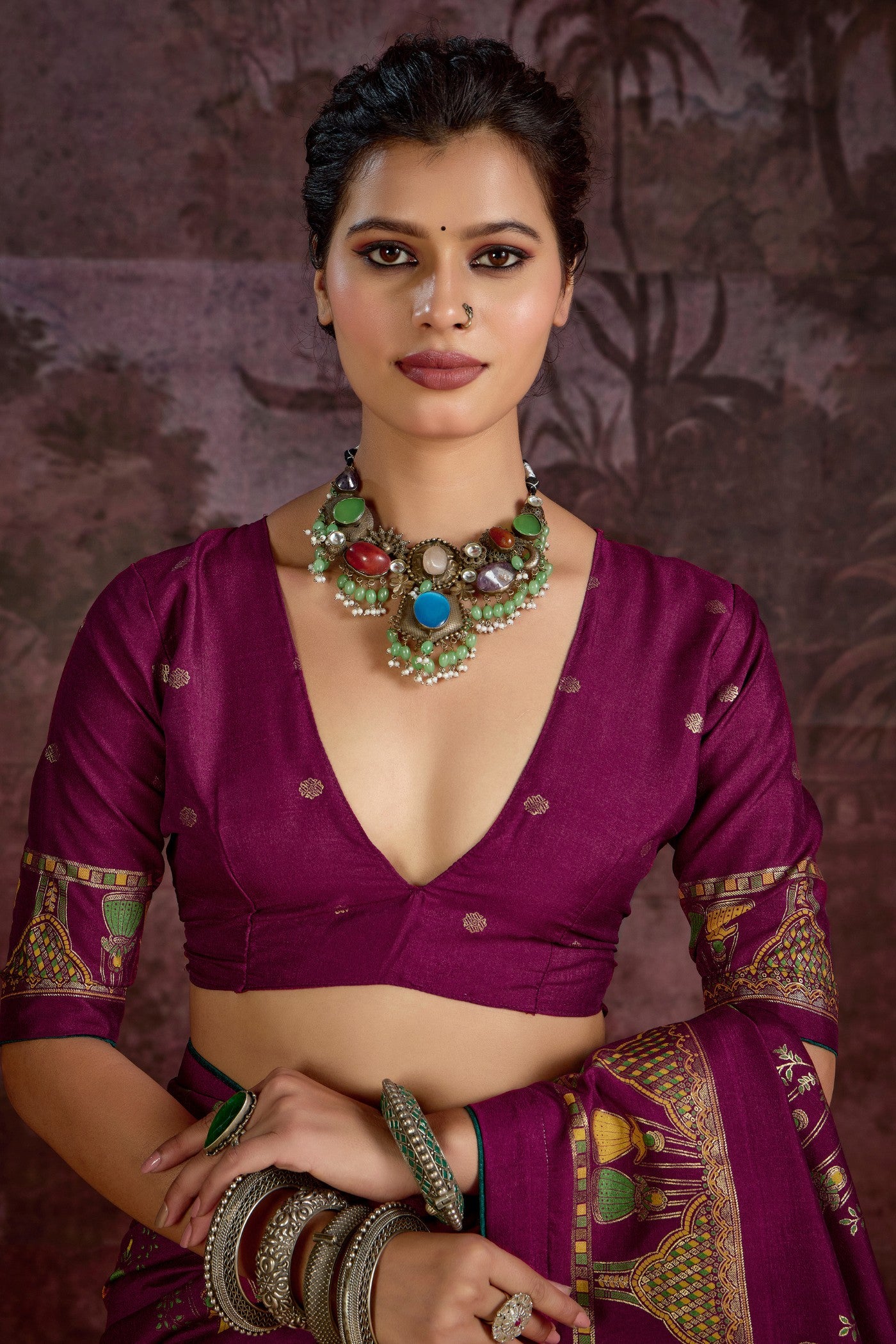 Buy MySilkLove Berry Marron Tussar Rajwadi Printed Silk Saree Online