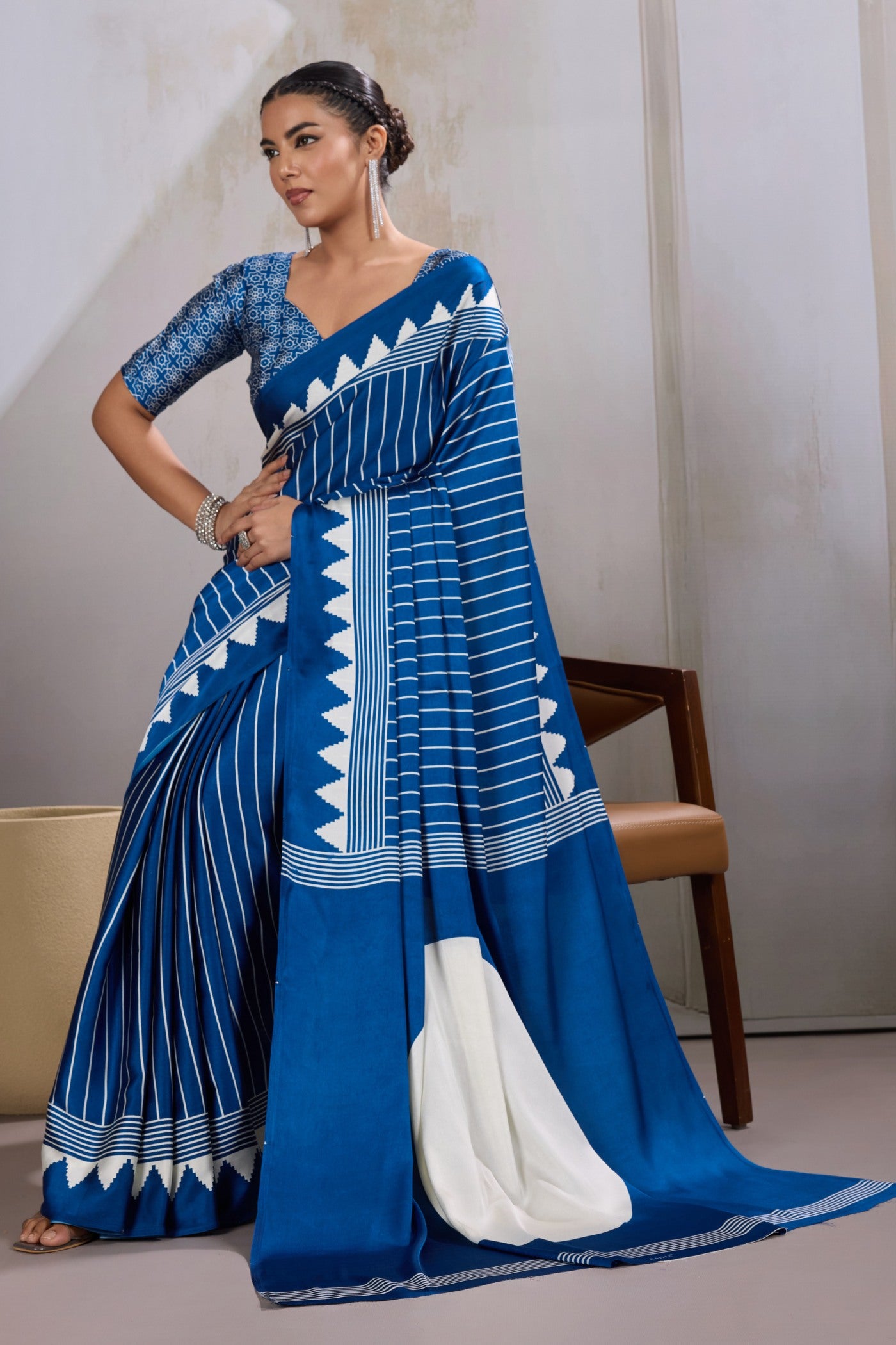 Buy MySilkLove Carolina Blue Ajrakh Printed Satin Crepe Silk Saree Online