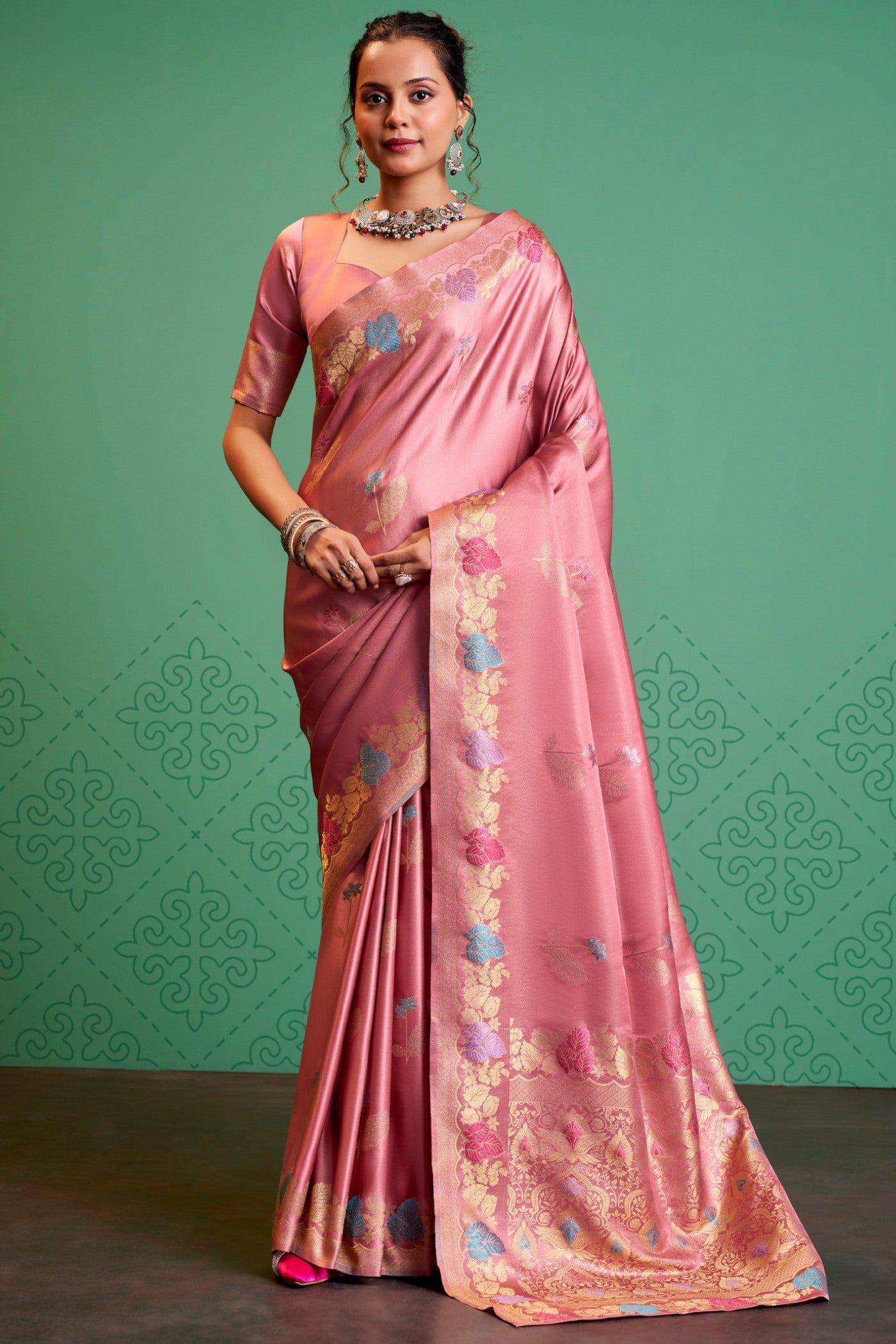 Buy MySilkLove Rosy Pink Handloom Satin Silk Saree Online