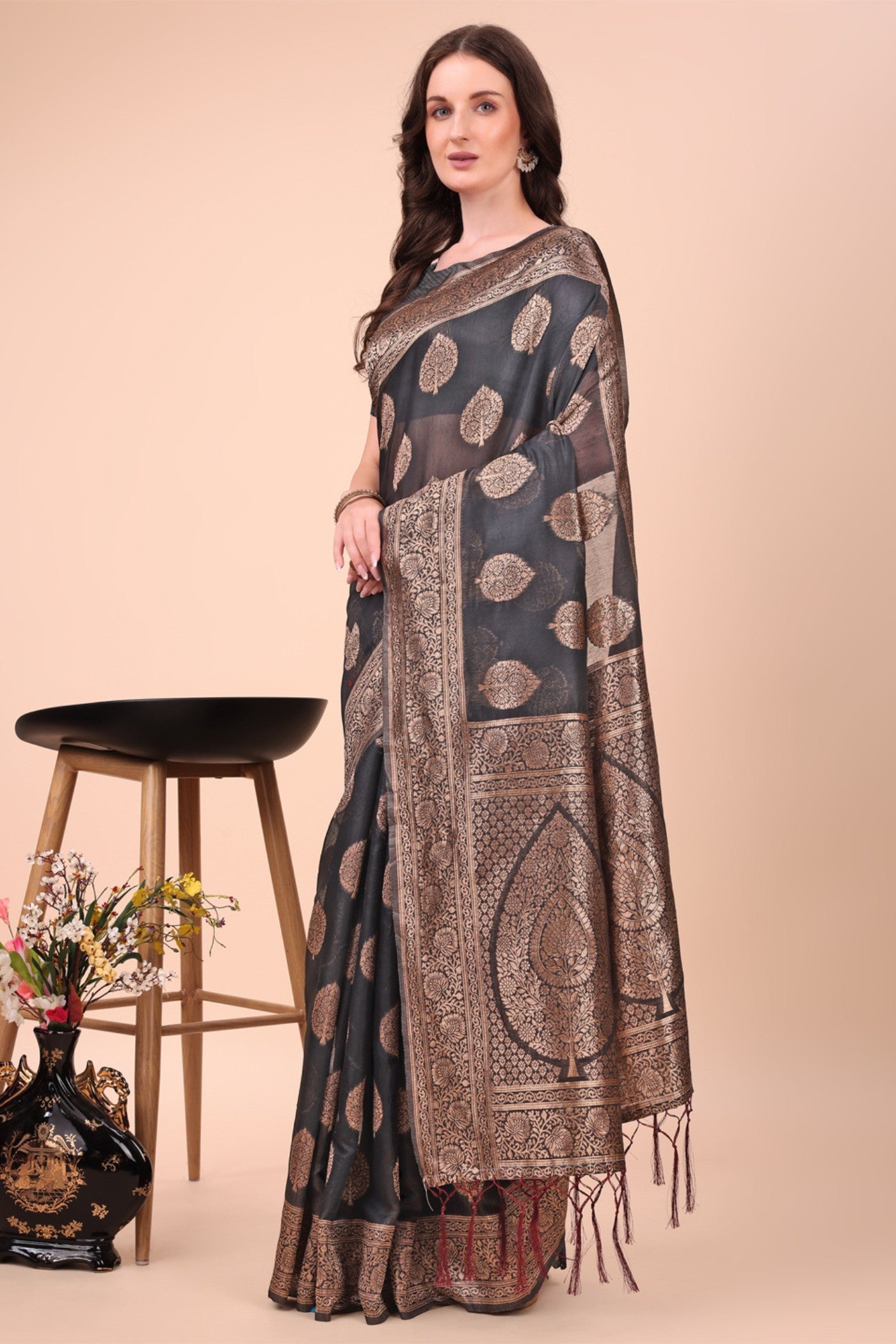 Buy MySilkLove Raven Black Woven Cotton Saree Online