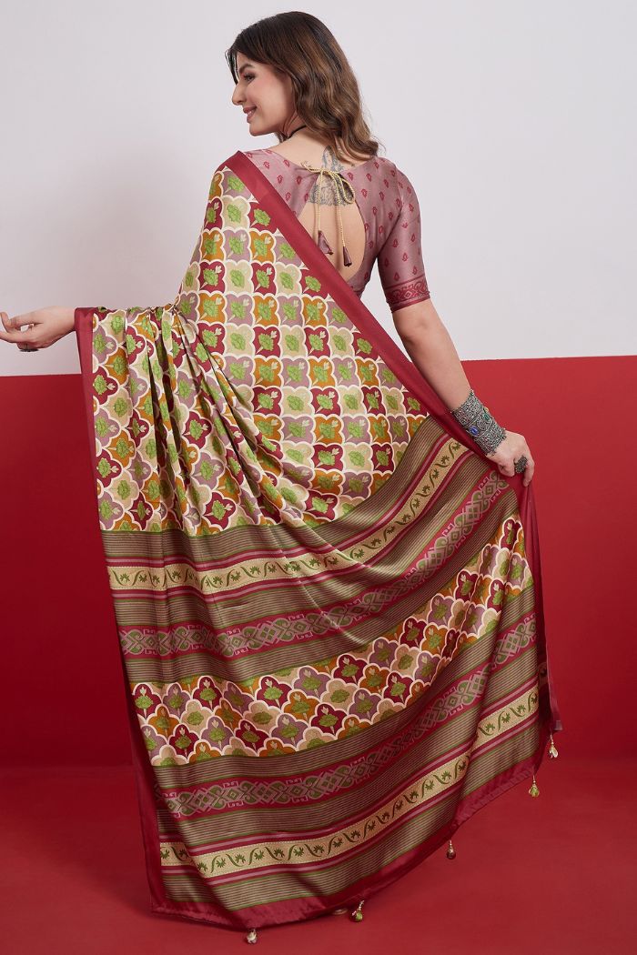 Buy MySilkLove Neutral Cream and Green Modal Satin Printed Silk Saree Online