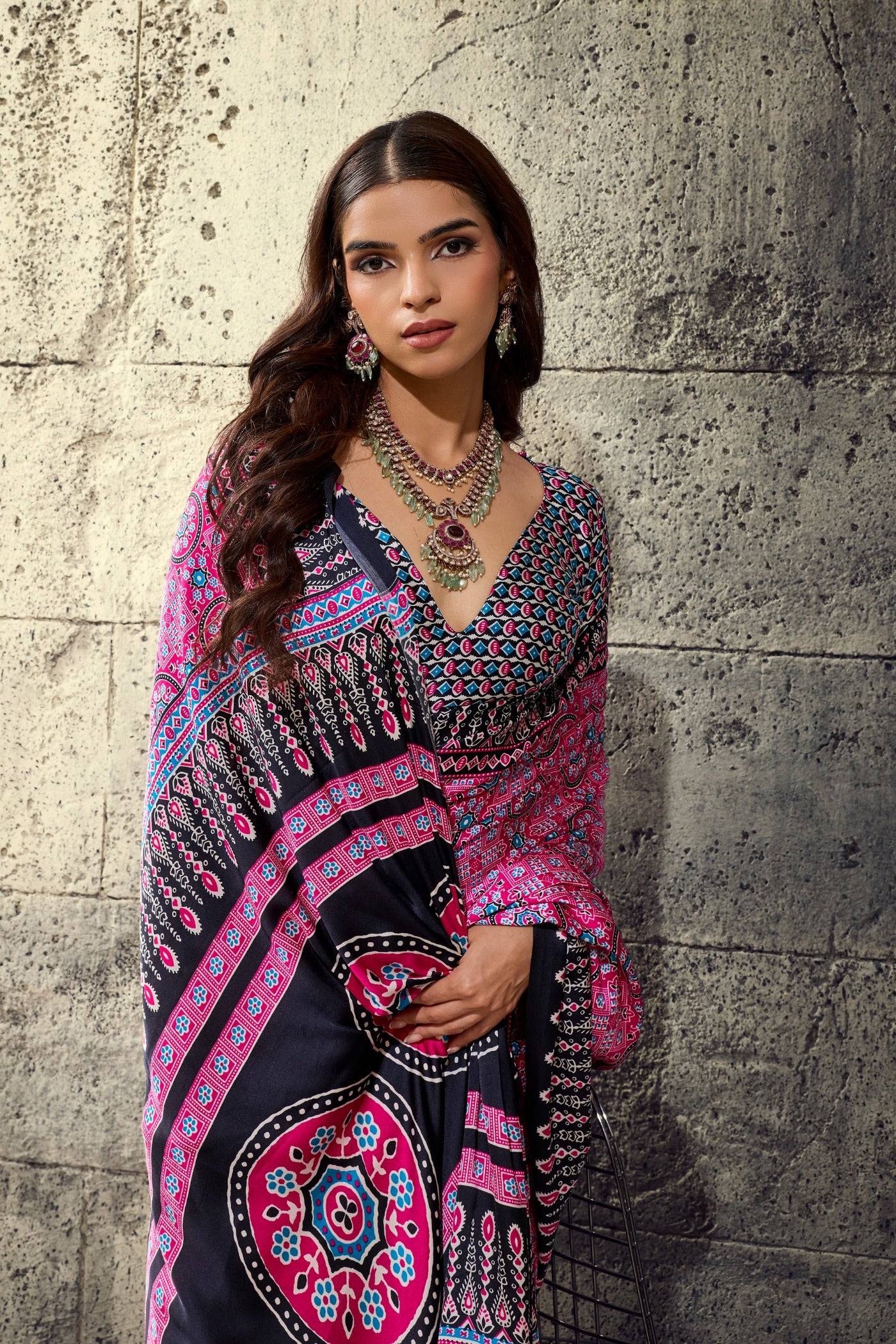 Buy MySilkLove Magenta Pink Modal Ajrakh Satin Printed Silk Saree Online