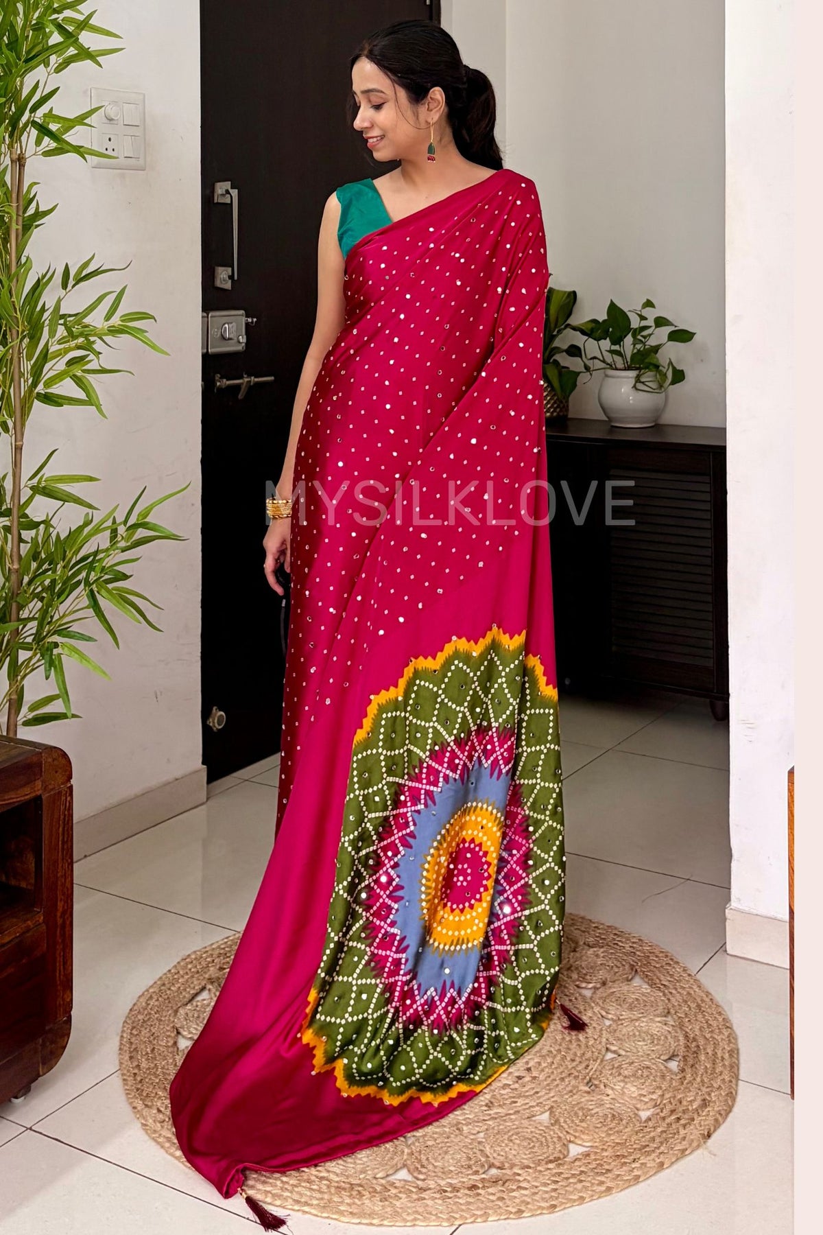 Buy MySilkLove Rosewood Pink Bandhani Satin Mirror Work Saree Online