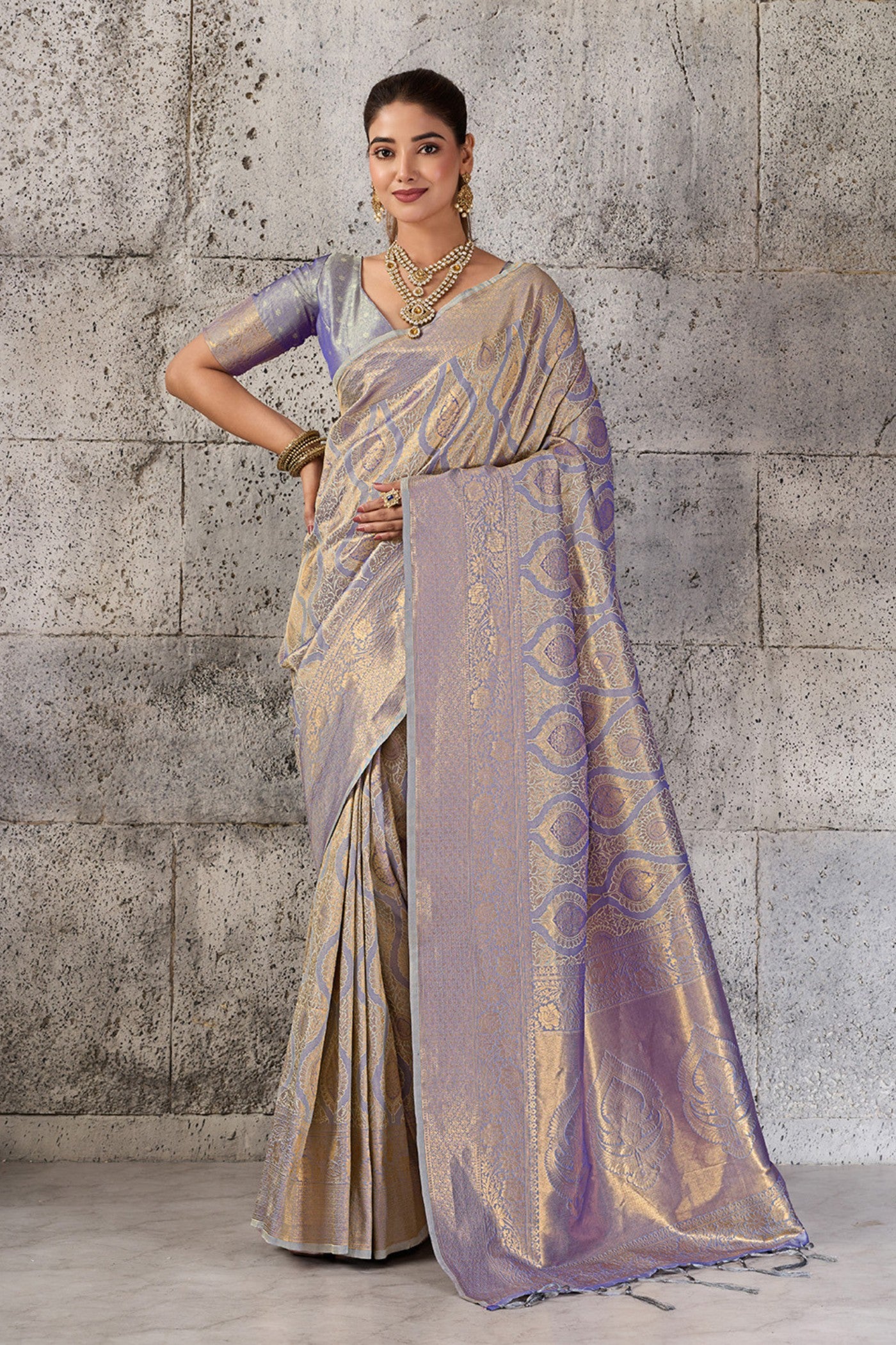 Buy MySilkLove Platinum Grey Woven Kanjivaram Saree Online