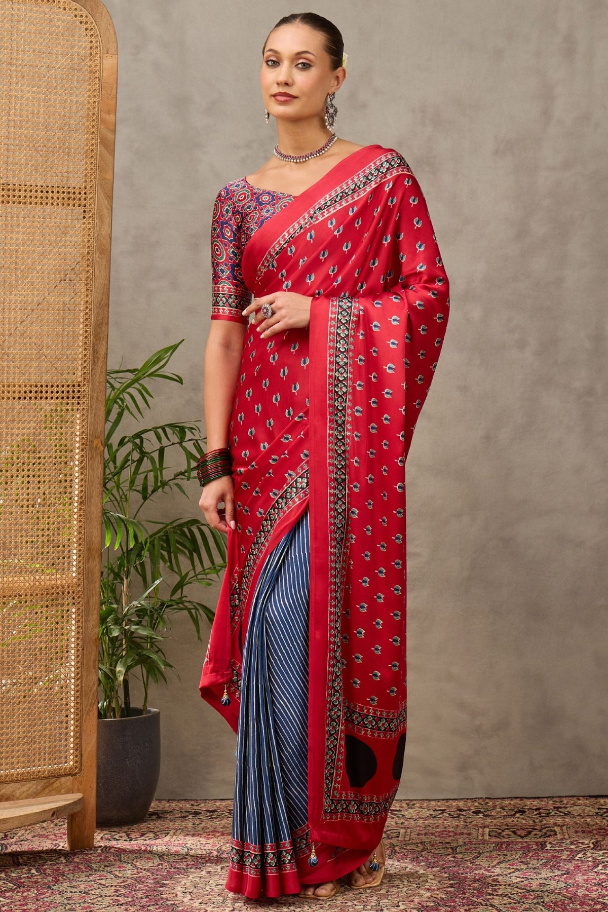 Buy MySilkLove Vermilion Red and Blue Modal Satin Printed Silk Saree Online