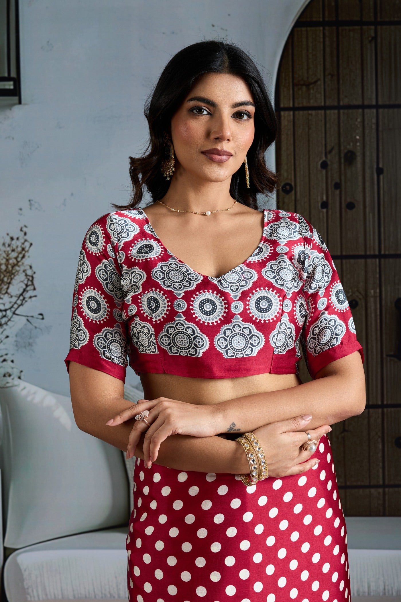 Buy MySilkLove Melon Red Printed Polka Dots Satin Crepe Saree Online