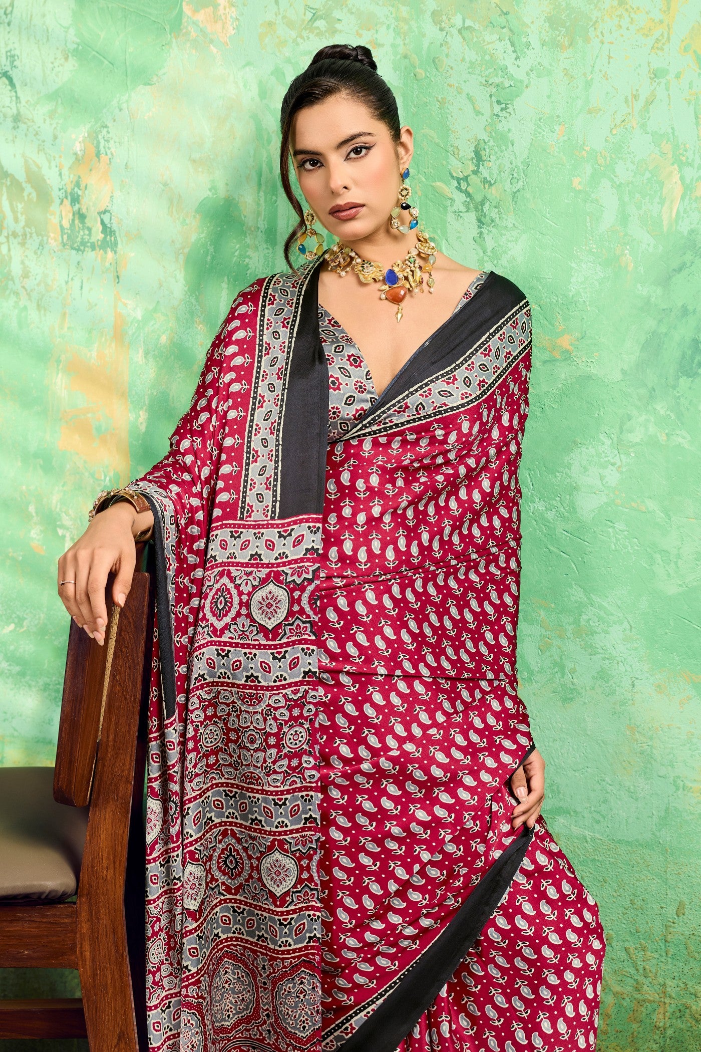 Buy MySilkLove Batorange Red Modal Ajrakh Satin Printed Silk Saree Online
