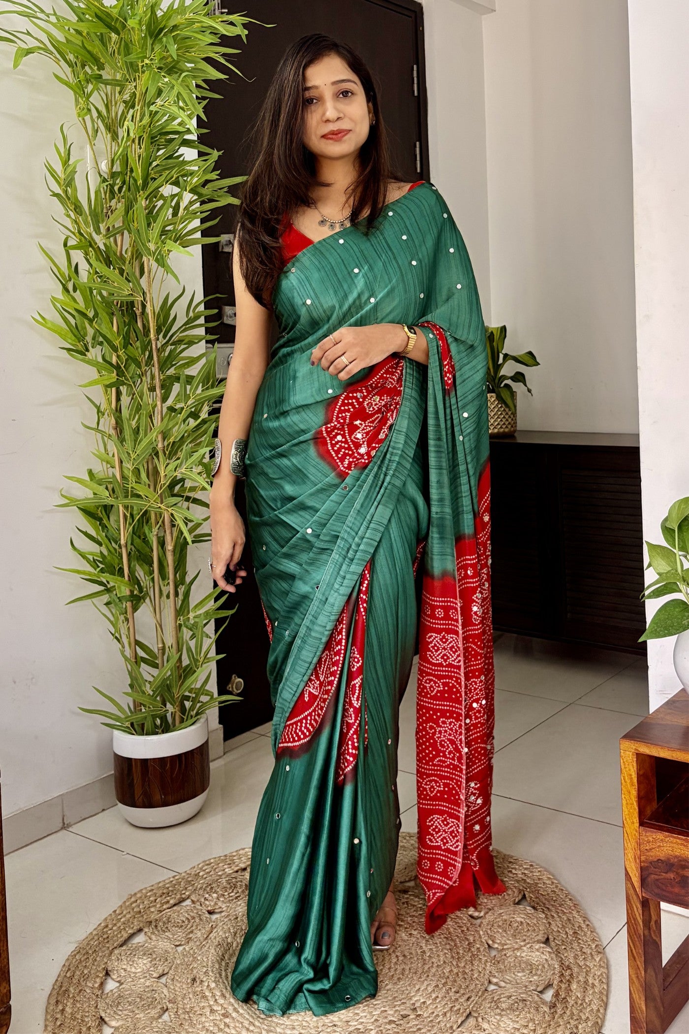 Buy MySilkLove Myrtle Green and Red Gaji Bandej Satin Soft Silk Saree Online