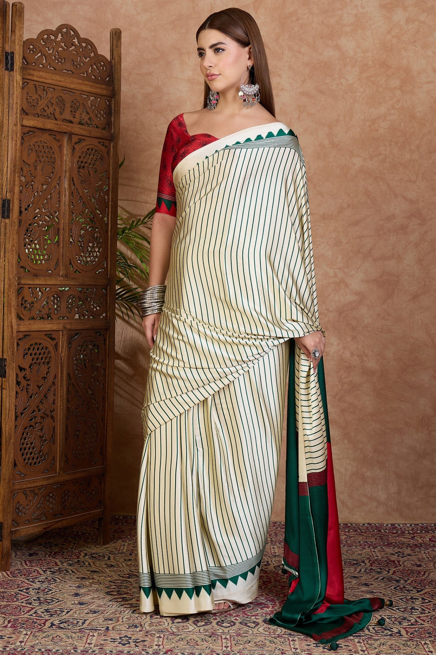 Buy MySilkLove Powder White and Green Stripe Ajrakh Printed Satin Crepe Silk Saree Online