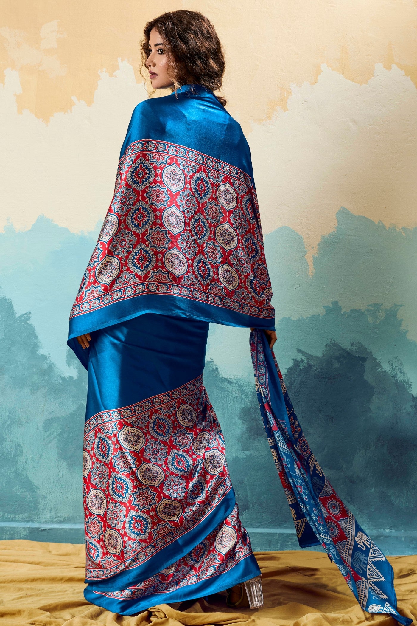 Buy MySilkLove Force Blue Modal Ajrakh Satin Printed Silk Saree Online