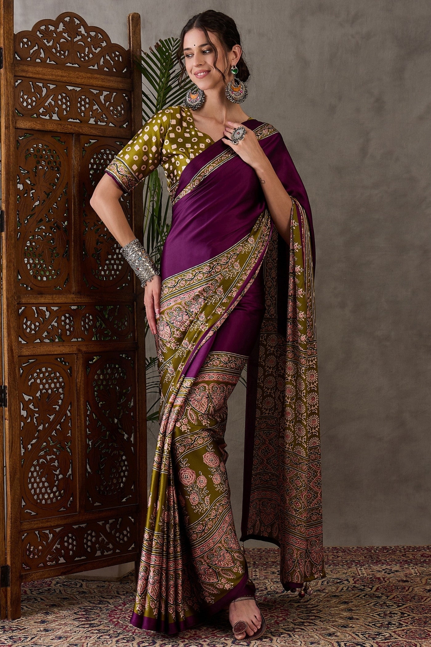 Buy MySilkLove Berry Purple Printed Satin Gaji Silk Saree Online