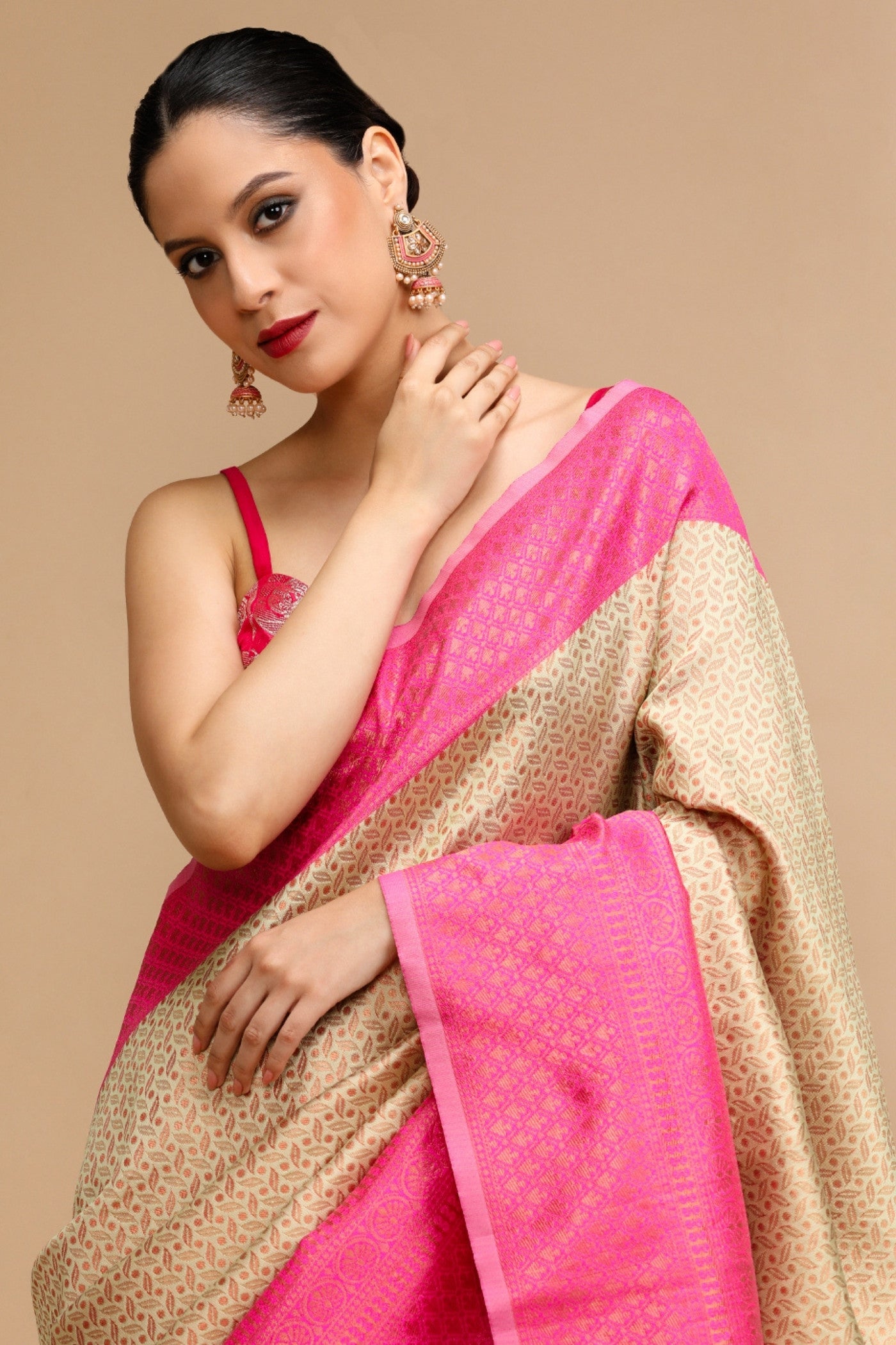 Buy MySilkLove Beige and Pink Woven Jacquard Lichi Silk Saree Online