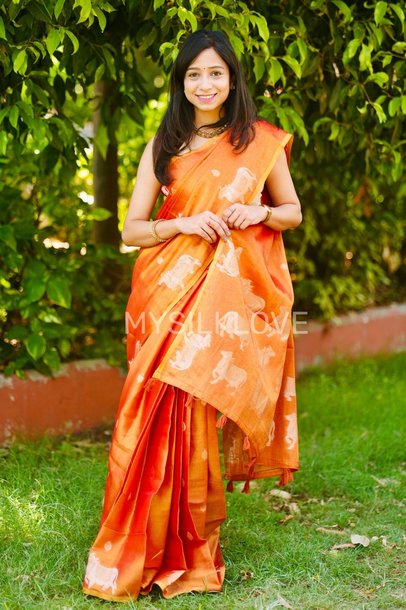 Buy MySilkLove Sunset Orange Handloom Tissue Saree Online