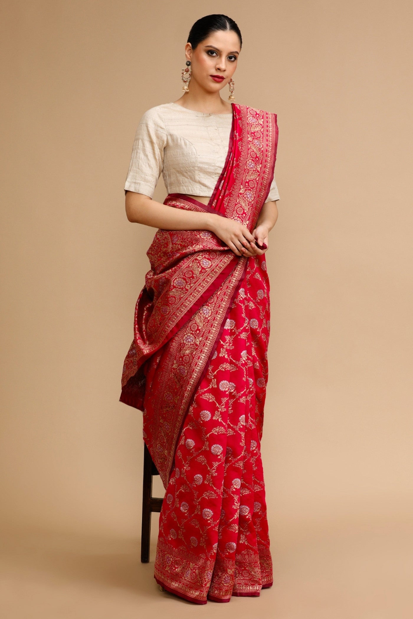 Buy MySilkLove Wine Red Woven Jacquard Lichi Silk Saree Online