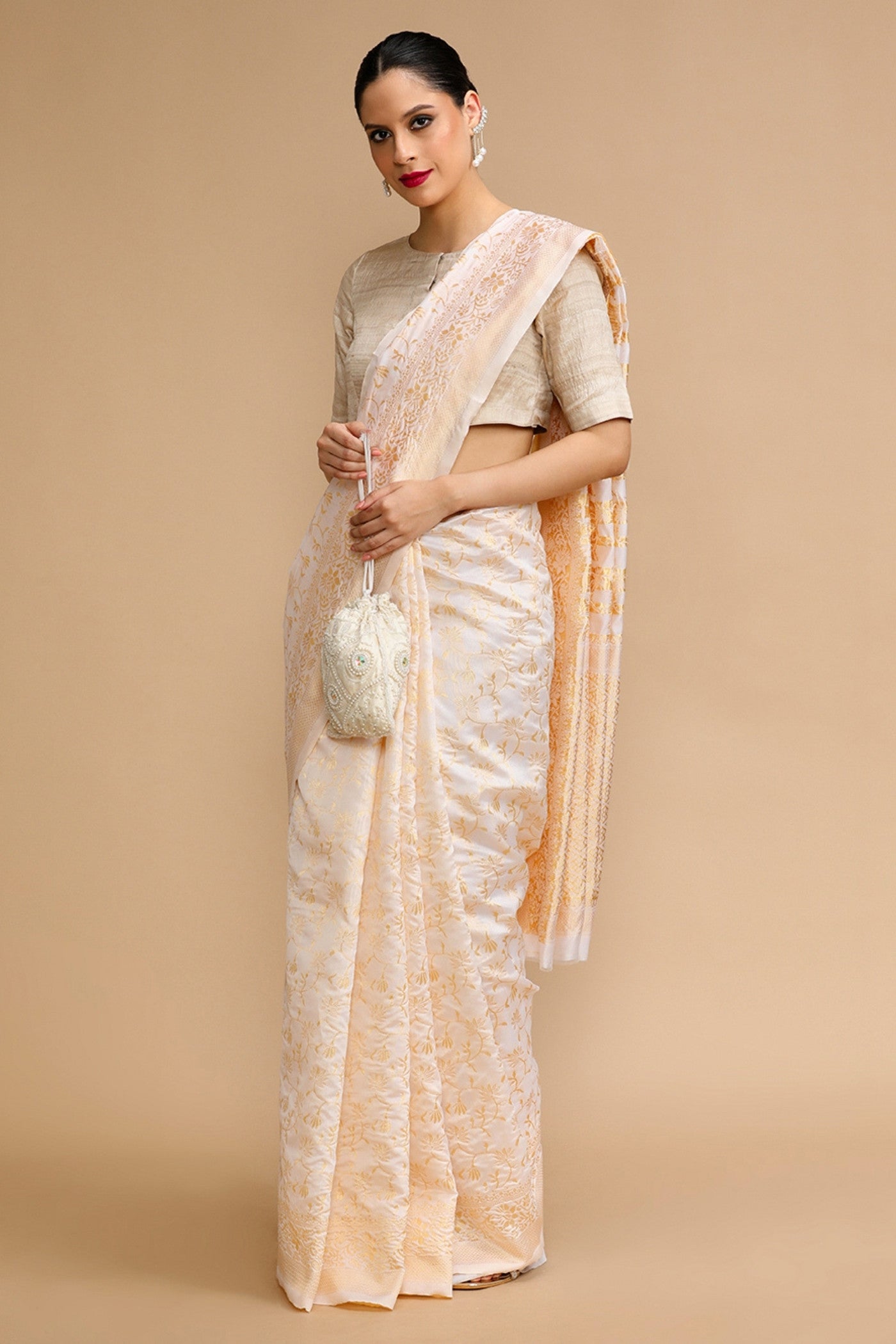 Buy MySilkLove Dandelion Cream Woven Jacquard Lichi Silk Saree Online