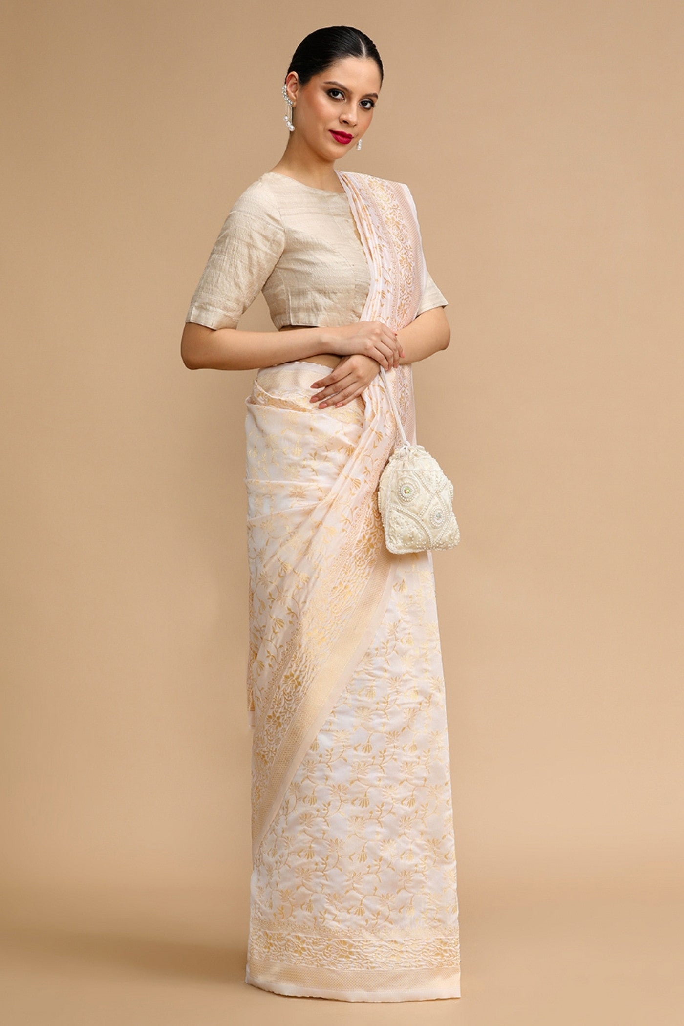Buy MySilkLove Dandelion Cream Woven Jacquard Lichi Silk Saree Online