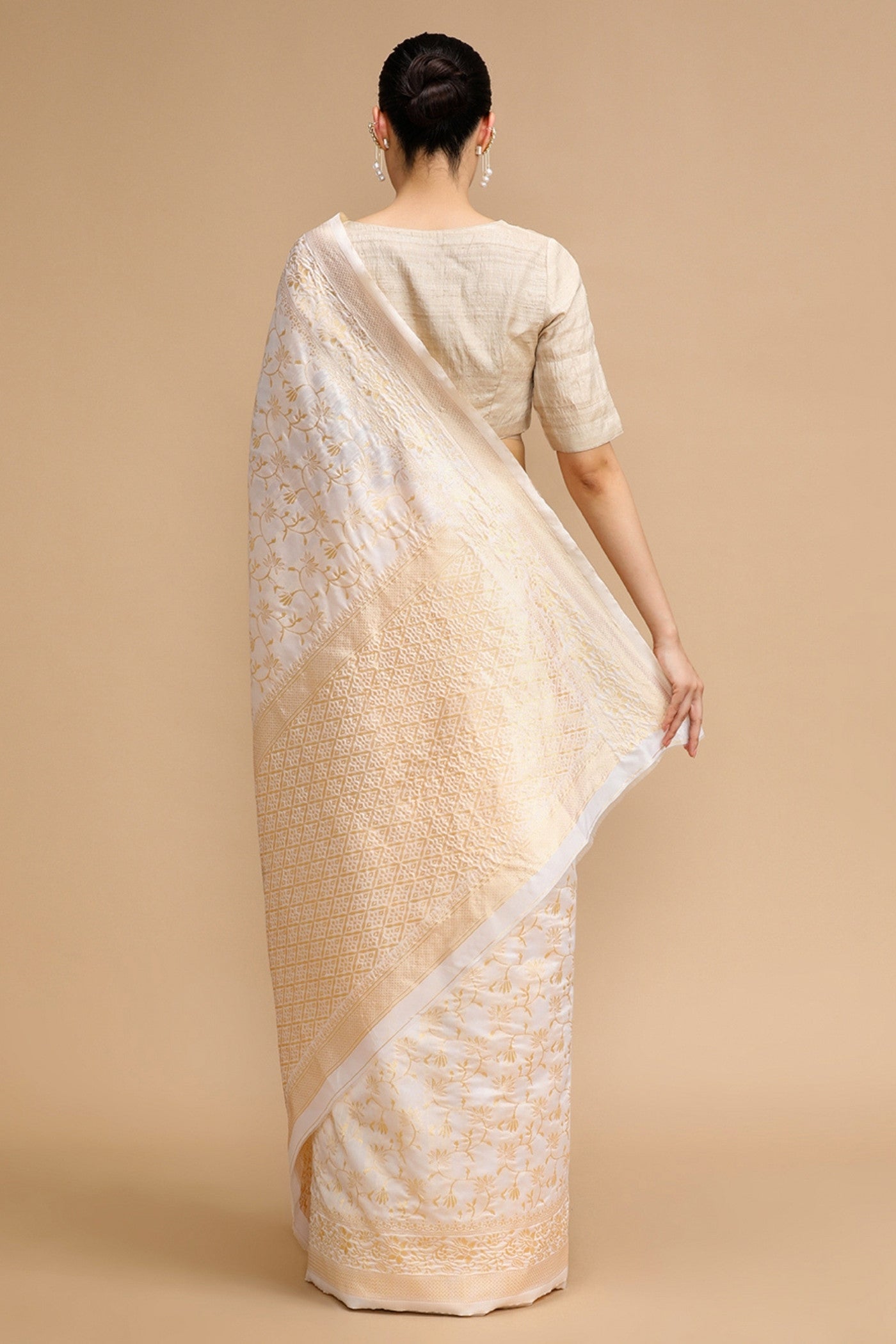 Buy MySilkLove Dandelion Cream Woven Jacquard Lichi Silk Saree Online